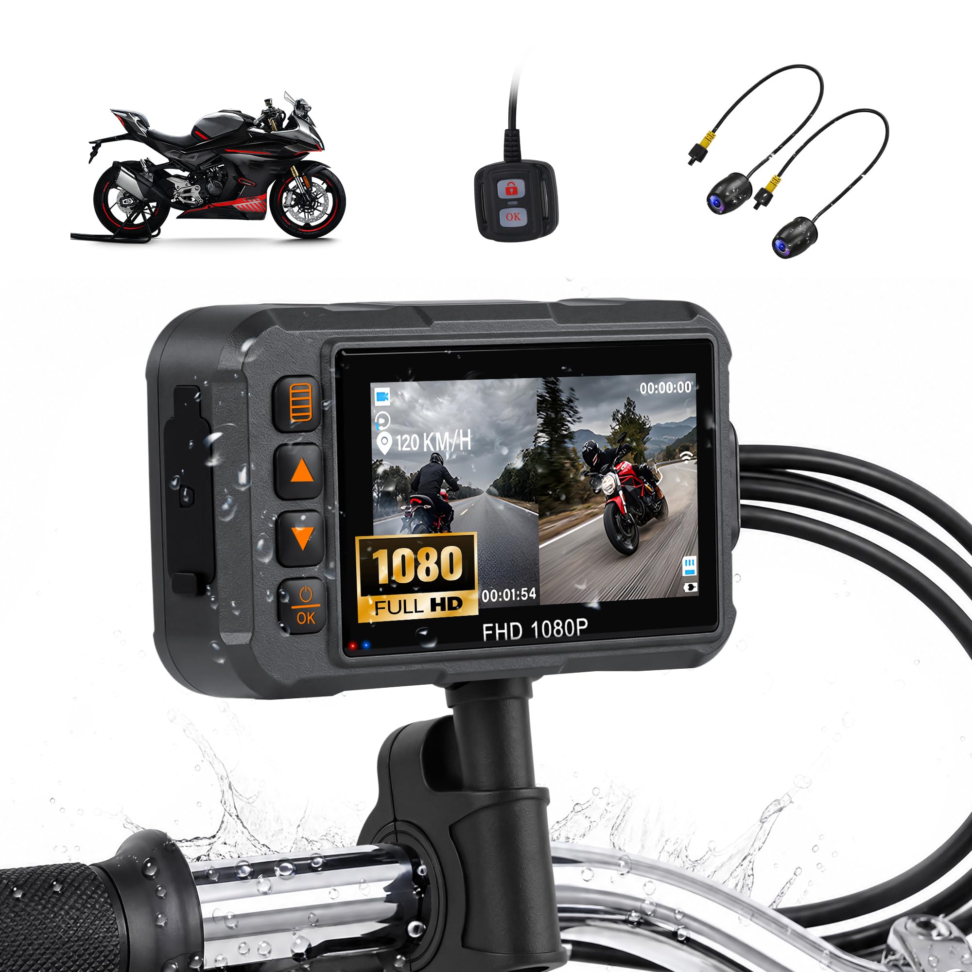 SIXWIN Dashcam Moto Avant et Arrière, Caméra Moto 3 Pouces HD, Étanche IP67, avec GPS, HDR, Capteur G, Enregistrement en Boucle, Grand Angle, pour Motocyclette, Sports Motorisés, UTV, ATV