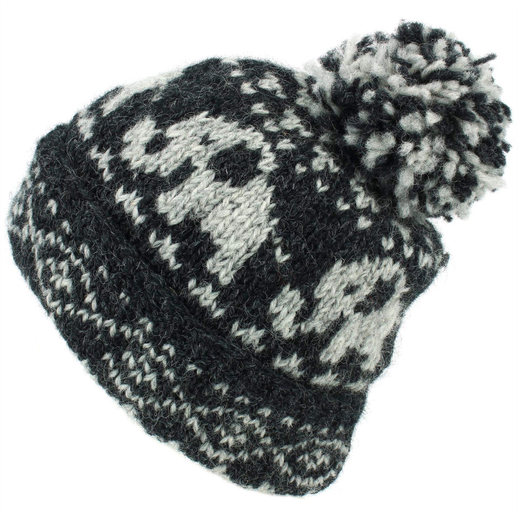 LOUDelephant Wool Knit Bobble Beanie Hat - Charcoal Pattern