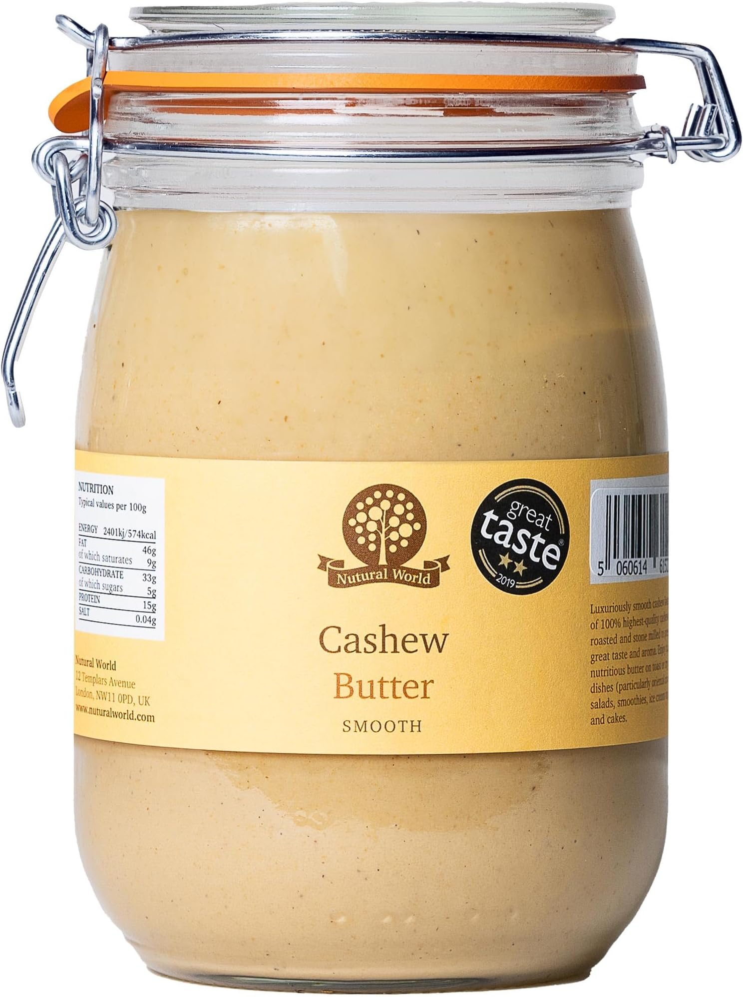 Nutural World - Smooth Cashew Nut Butter (1kg) *** Reusable Glass Jar *** Great Taste Award Winner - 100% Pure - single ingredient