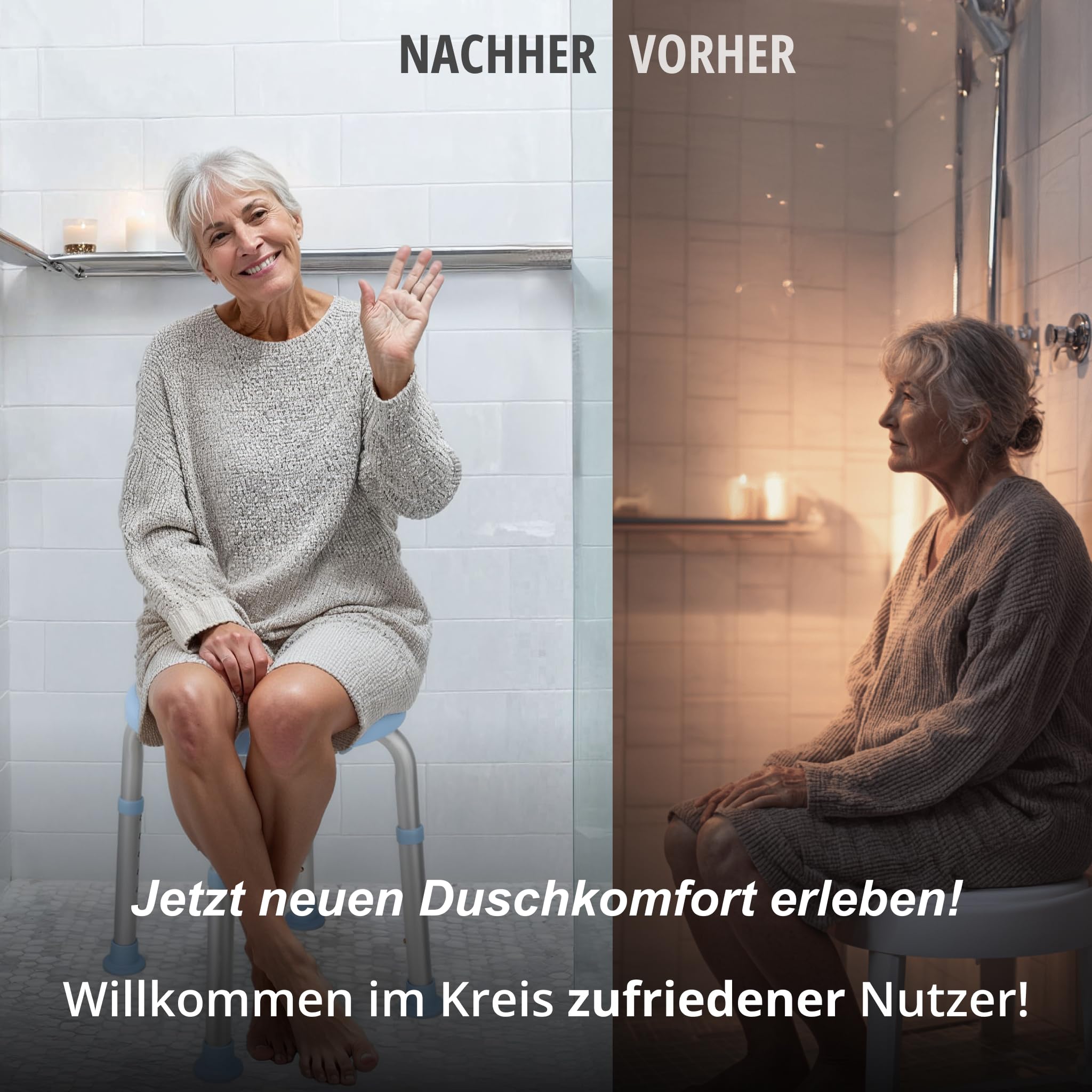 Duschhocker 360° extra leichtgängige Drehung, Medizinprodukt Klasse I, Stilvoller Duschstuhl 6-fach höhenverstellbar. Hygienischer Badsitz komplett abgedeckt. Bis 136 kg. Rutschfeste Gummifüße