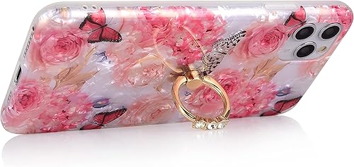Miniatura 3 de Qokey, compatible con carcasa para iPhone 11, lindo diseño de moda con flores para hombres, mujeres, niñas cuenta con aro rotador de 360 grados,