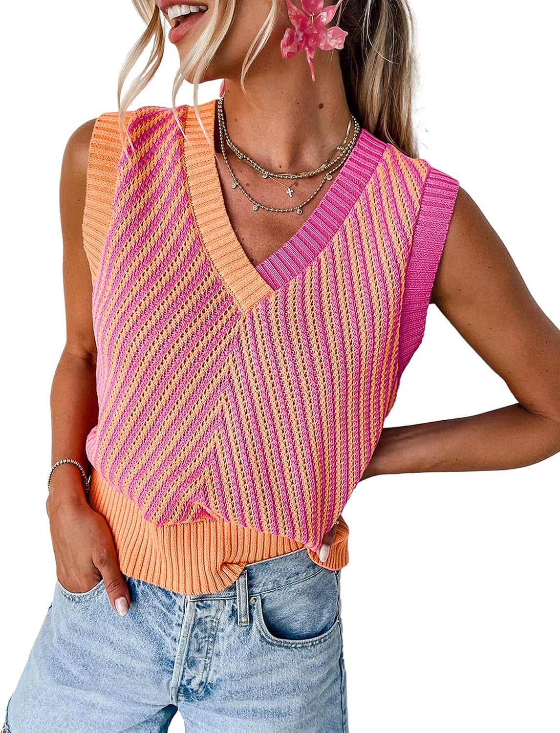 MARZXIN Women Sleeveless Sweater V Neck Casual 2026 Fall Knitted Chevron V Neck Sweater Vest Color Block Pullover Sweater Top