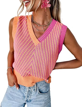 MARZXIN Women Sleeveless Sweater Vest V Neck Knitted Colorful Pullover Tops