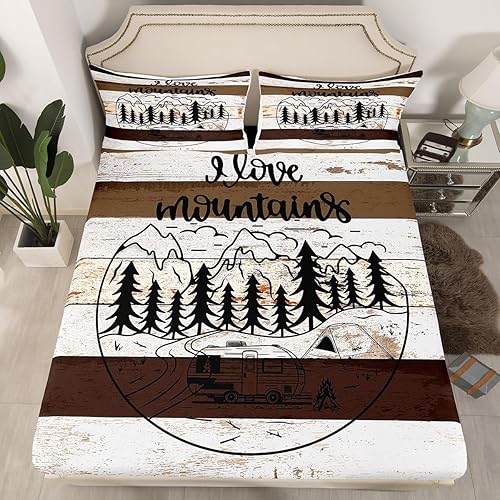 Vista 51 de Camper Decor Sábanas de cama Happy Camping, sábana bajera ajustable de campamento con juego de cama de montaña, juego de cama de verano para Multi 04