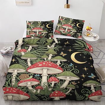 Fairytale Forest Duvet Cover King Size - Witchcore Mushroom Bedding Set & Bedroom Decor, 3 Piece, Soft Microfiber Reversible Comforter Cover & 2 Pillow Shams, with Zipper Closure and Ties