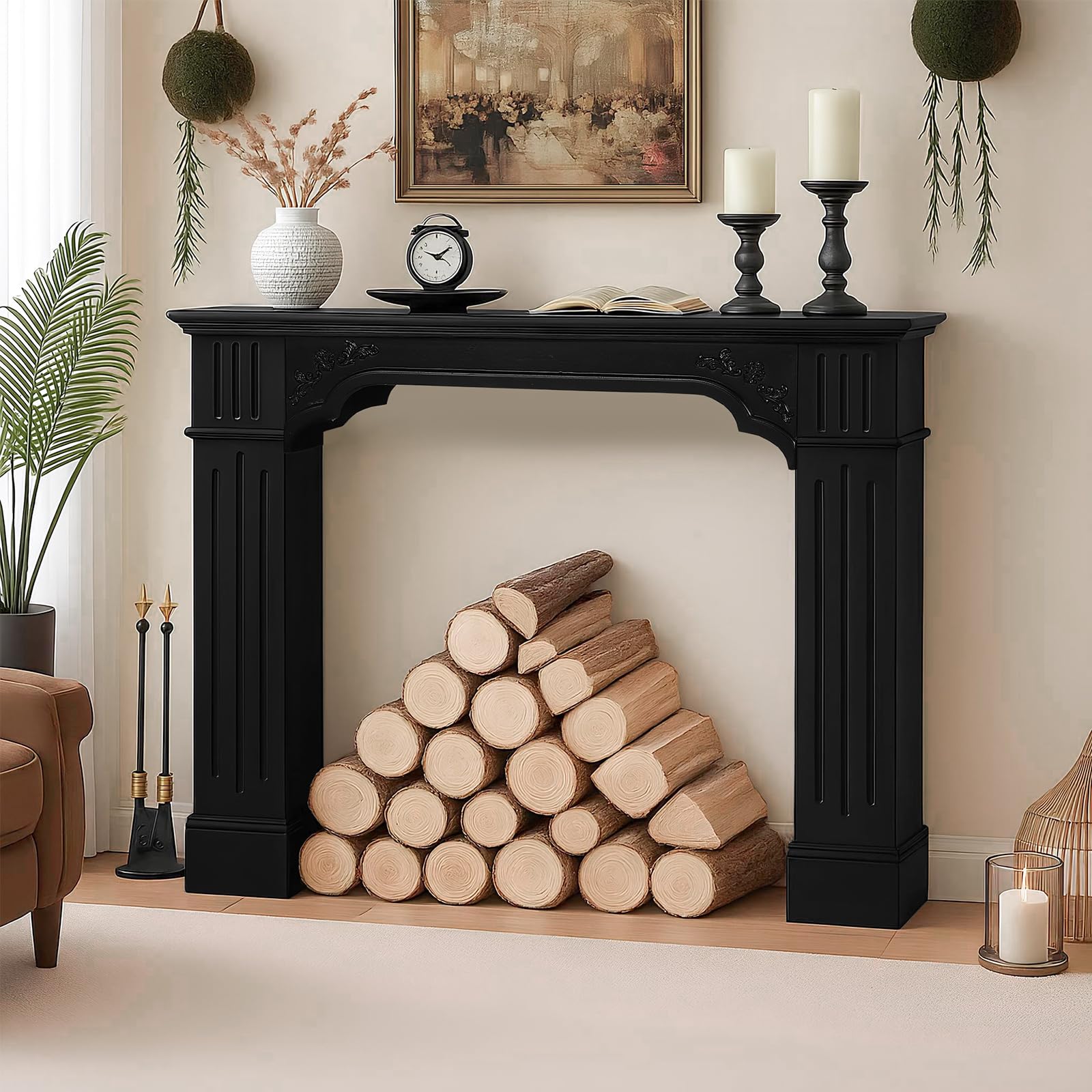Black Fireplace Mantel, Rustic Freestanding Surround Mantel for Fireplace with Decorative Pattern, Wooden Mantle with Leg for Living Room, Anti-Tipping &amp; Waterproof, 43.3" W x 39.7" H