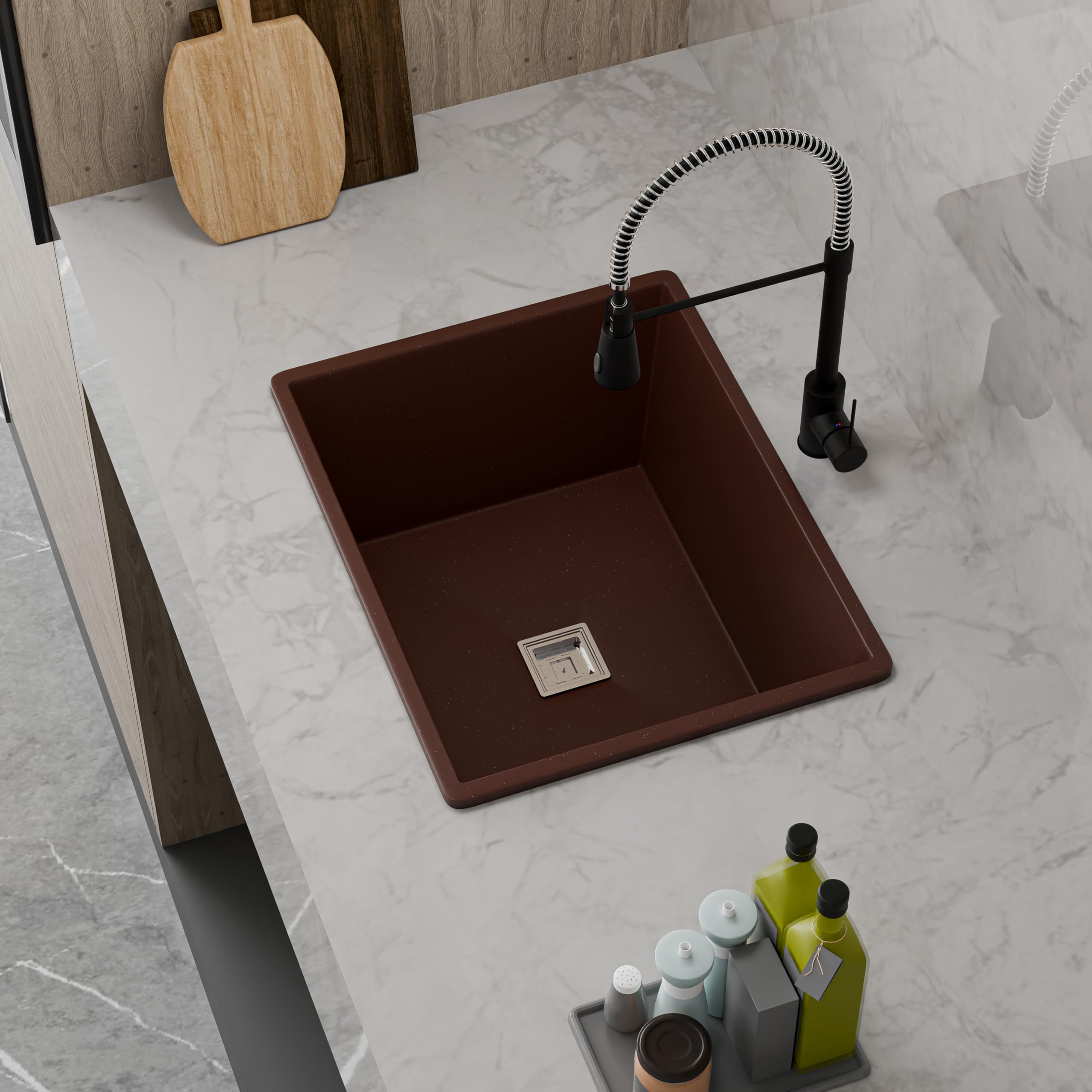 HISRE Single Bowl Quartz Kitchen Sink 16X18X8 Inch | Deep Undermount or Drop In Basin for Kitchen | Easy Clean and Scratch Resistant | Heavy Duty Construction for Long Lasting Use | Brown, photo 3 of 4