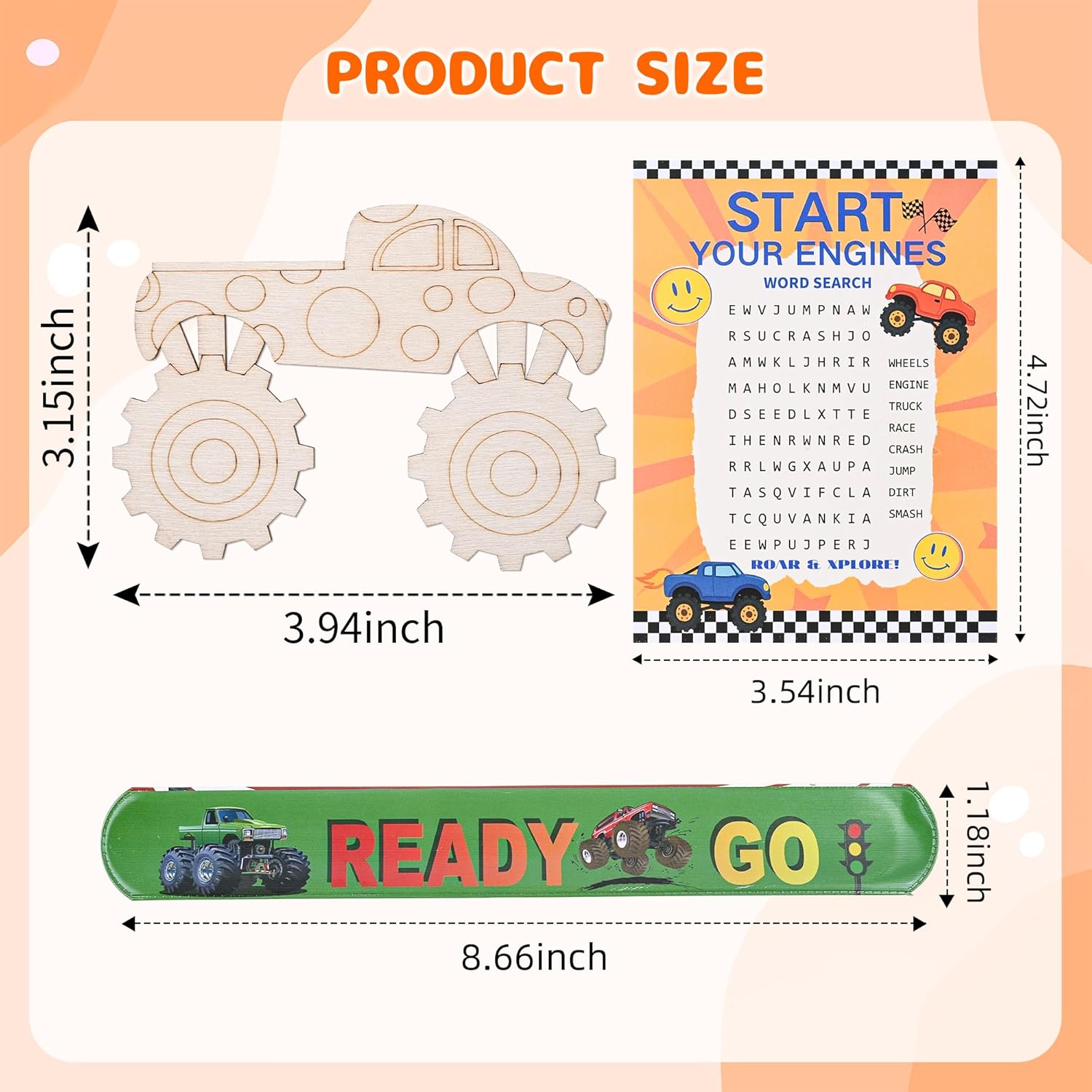 Monster Truck Party Favors for Kids – 12PCS Wooden DIY Craft Kit with 4-Color Markers, Slap Bracelets & Word Search – Truck Birthday Party Supplies & Goodie Bag Gifts for Boys & Girls. - Image 3