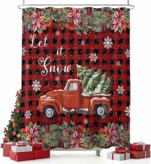 Red Plaid Christmas Shower Curtain, Stall Bathroom Curtains for Bathtub, Truck Xmas Tree Snowflake Winter Poinsettia Waterproof Fabric Shower Curtain Set with 12 Hooks, 36" x 78"