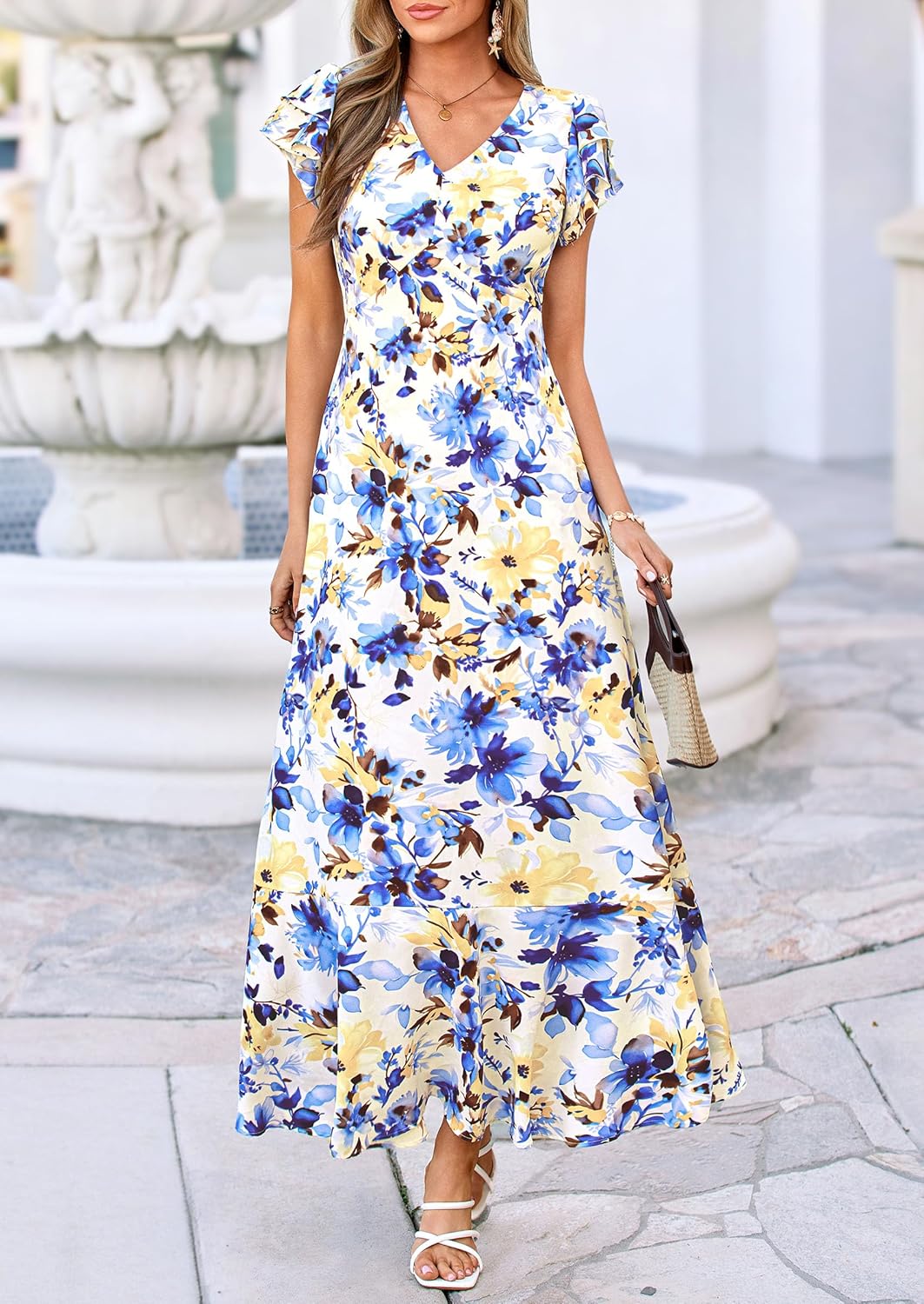 PRETTYGARDEN Spring Dresses for Women 2026 Summer Boho Floral Ruffle Short Sleeve Flowy Beach Wedding Guest Maxi Long Dress