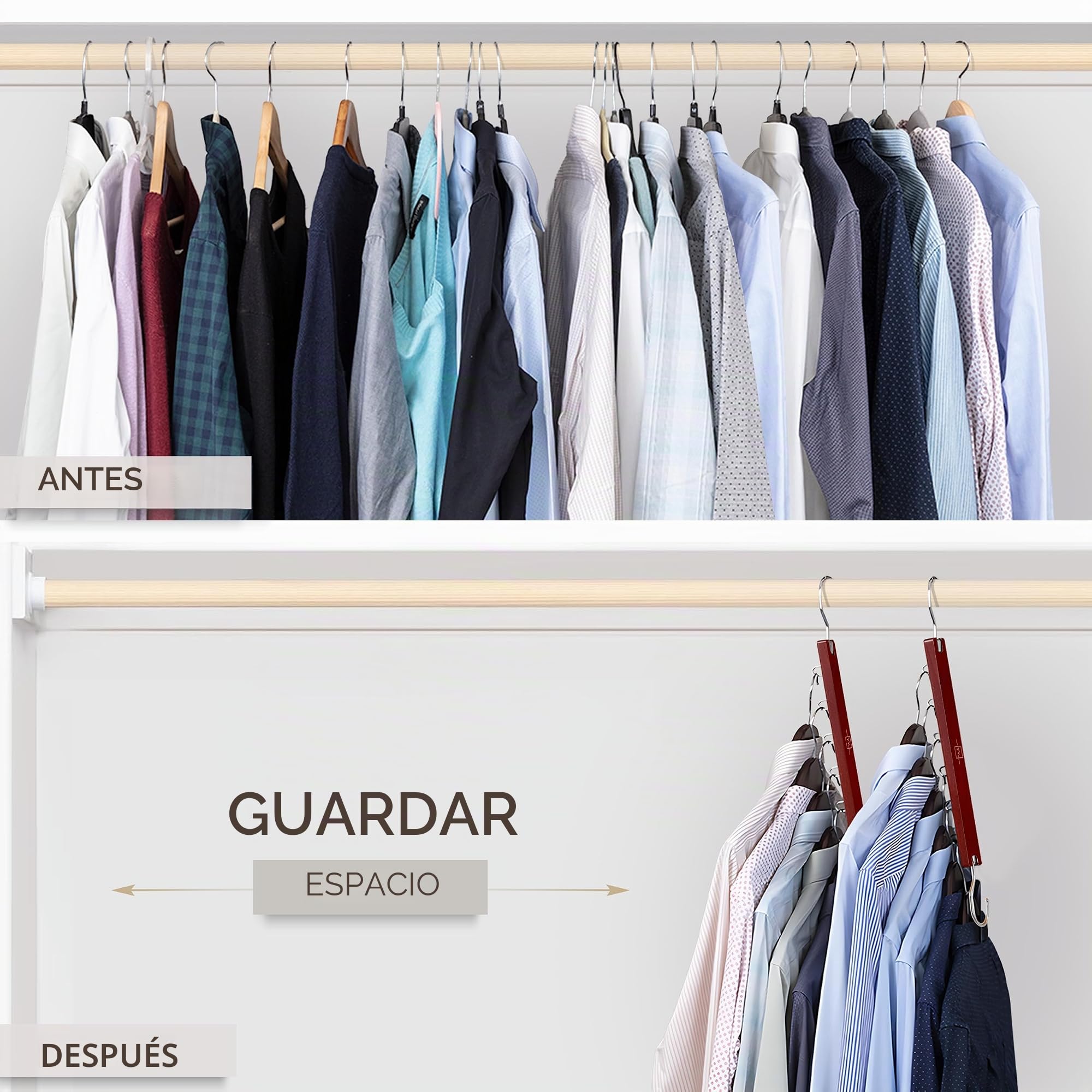 MORALVE Perchas Ahorradoras de Espacio para Armario – Paquete de 4 Organizador de Camisas de Madera de Haya Europea de 6 Niveles con Gancho Giratorio de 360° – Colgador de Ropa Plegable para