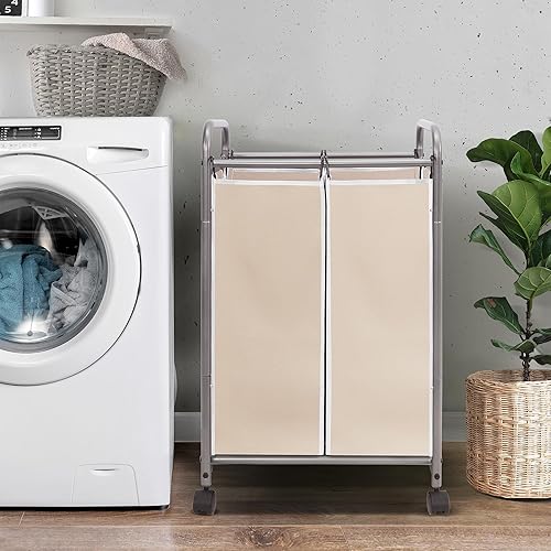 Miniatura 3 de STORAGE MANIAC Clasificador de ropa sucia de 2 secciones, cesta de lavandería de 90 L con ruedas, clasificador de cestas de lavandería, cesta