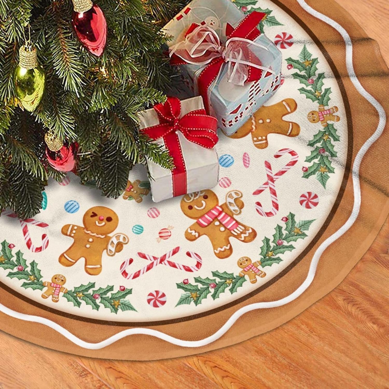 Jupe de Sapin de Noël 120 cm Bonhomme en Pain d'épice Corde Rouge