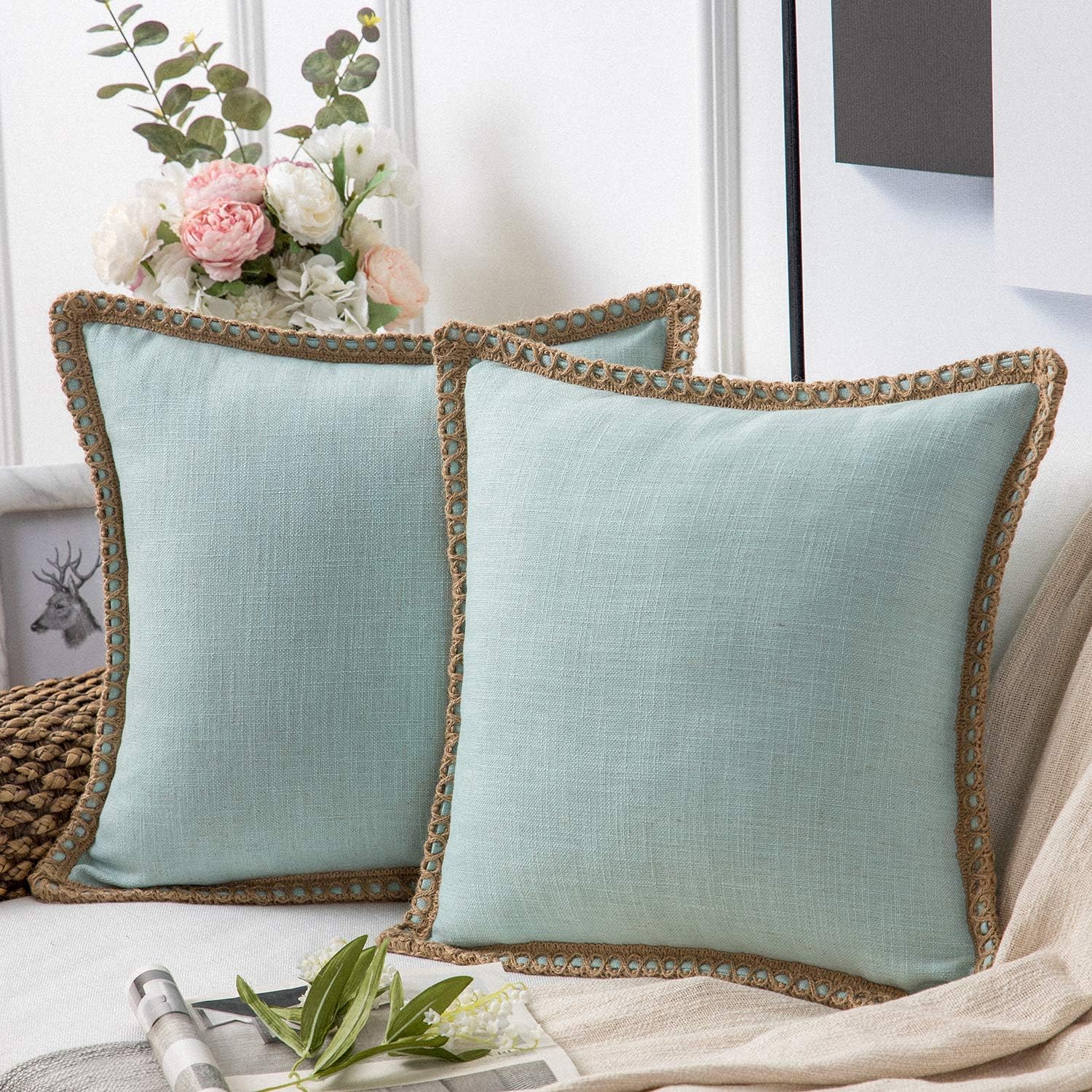 Phantoscope Pack of 2 Farmhouse Decorative Throw Pillow Covers Burlap Linen Trimmed Tailored Edges Light Turquoise 20 x 20 inches, 50 x 50 cm: Home & Kitchen