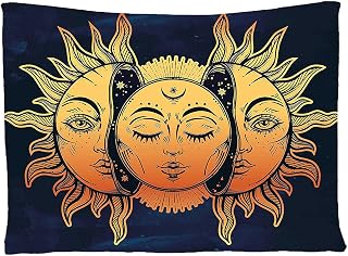 Ambesonne Psychedelic Tapestry, Moon and Sun with Many Fractal Faces Celestial Energy Mystic Art Print, Wide Wall Hanging for Bedroom Living Room Dorm, 60" X 40", Blue Orange