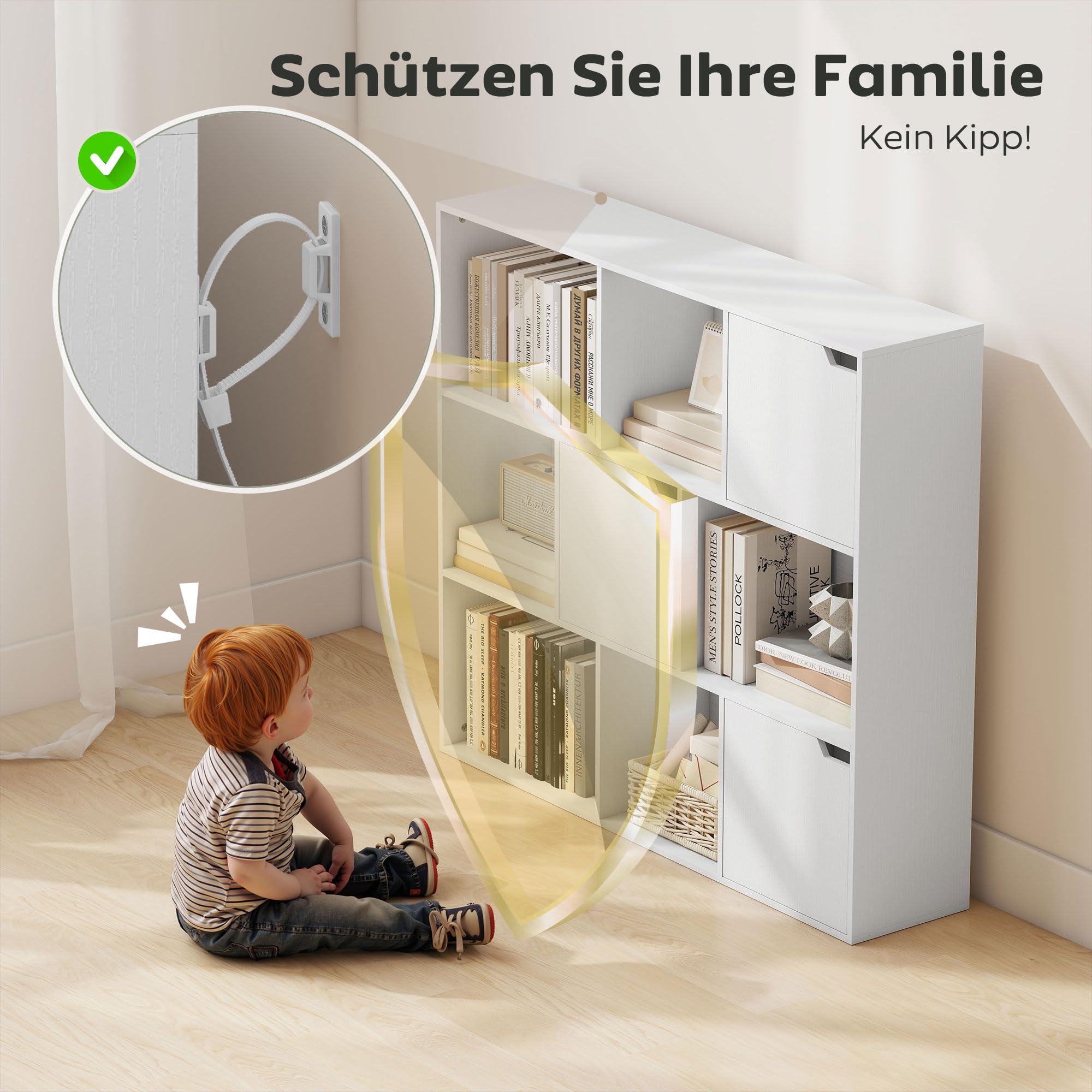 HOMCOM Bücherregal Aufbewahrungsregal Büroregal mit 9 Fächern, 3 Türen, 6 offene Regale Display Regal für Home-Office Wohnzimmer Weiß 106 x 24 x 95 cm