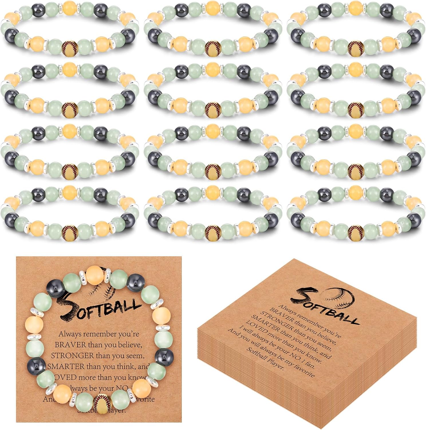 Ecation 12 Sets Softball Bracelets Team Gift 8mm Natural Lave Stone Beaded Adjustable Bracelets with Inspirational Card for Men Women Birthday Softball Wristbands Team Party Favors