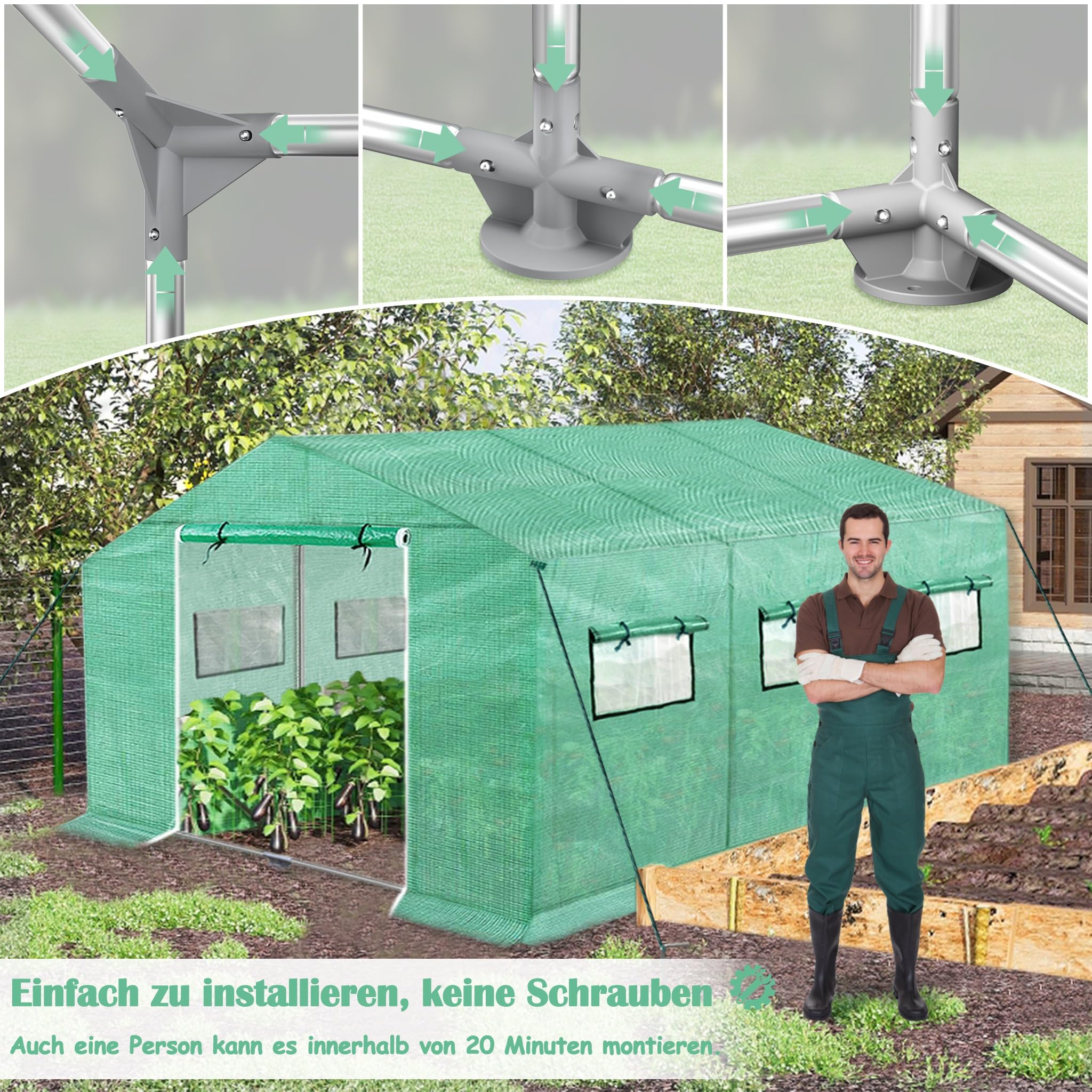 NAIZY Greenhouse szklarnia 4,5 x 2 x 2 m, 9㎡, szklarnia foliowa HDPE + LDPE + ocynkowana rura, z oknem, szklarnia na pomidory, odporna na działanie promieni UV, namiot foliowy do ogrodu, na rośliny, zielona