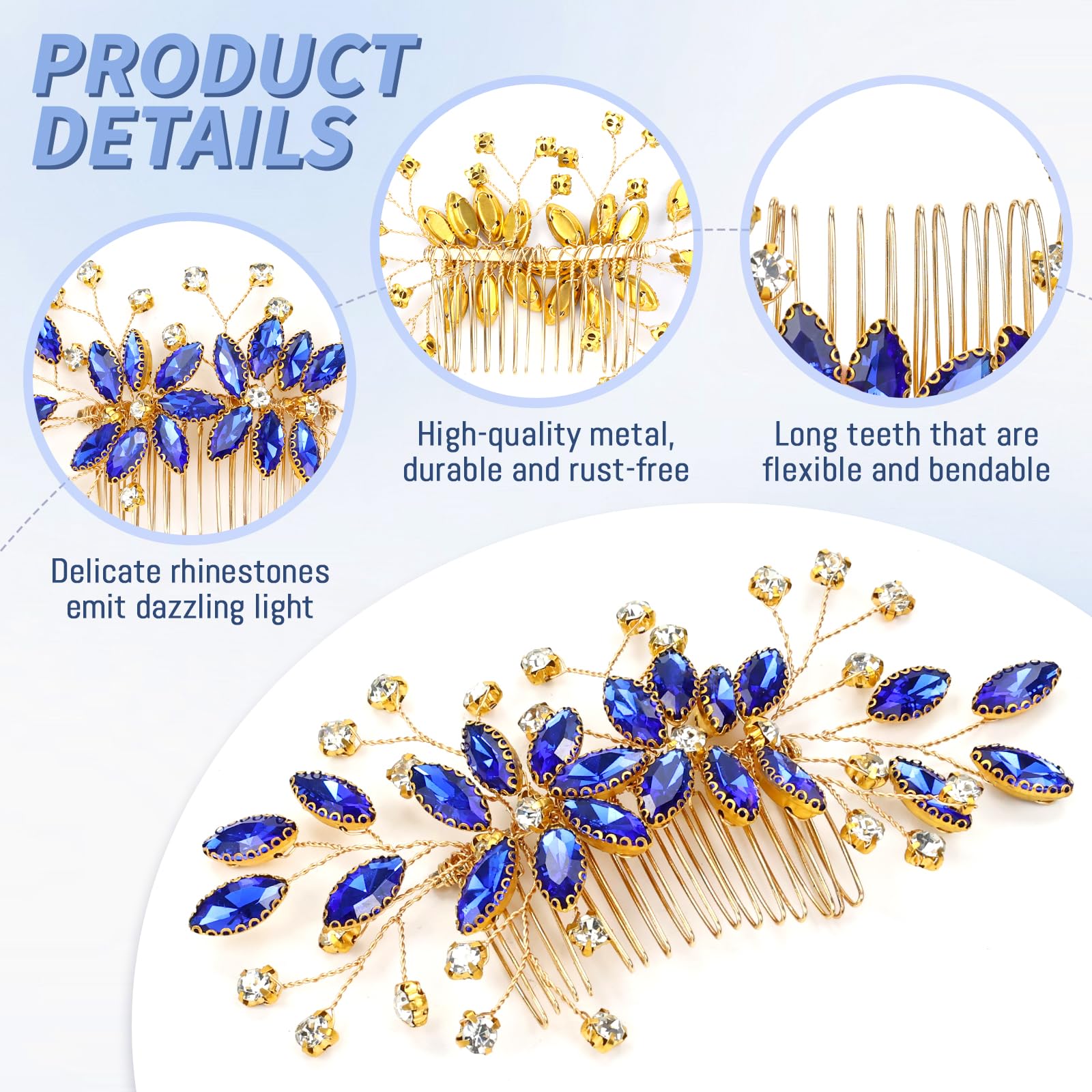 inSowni 7 Pieces Royal Blue Rhinestone Wedding Bridal Hair Side Comb Slide+U-shaped Hairpins Hair Accessories Headpieces for Women Girls Brides Bridesmaids - Image 3