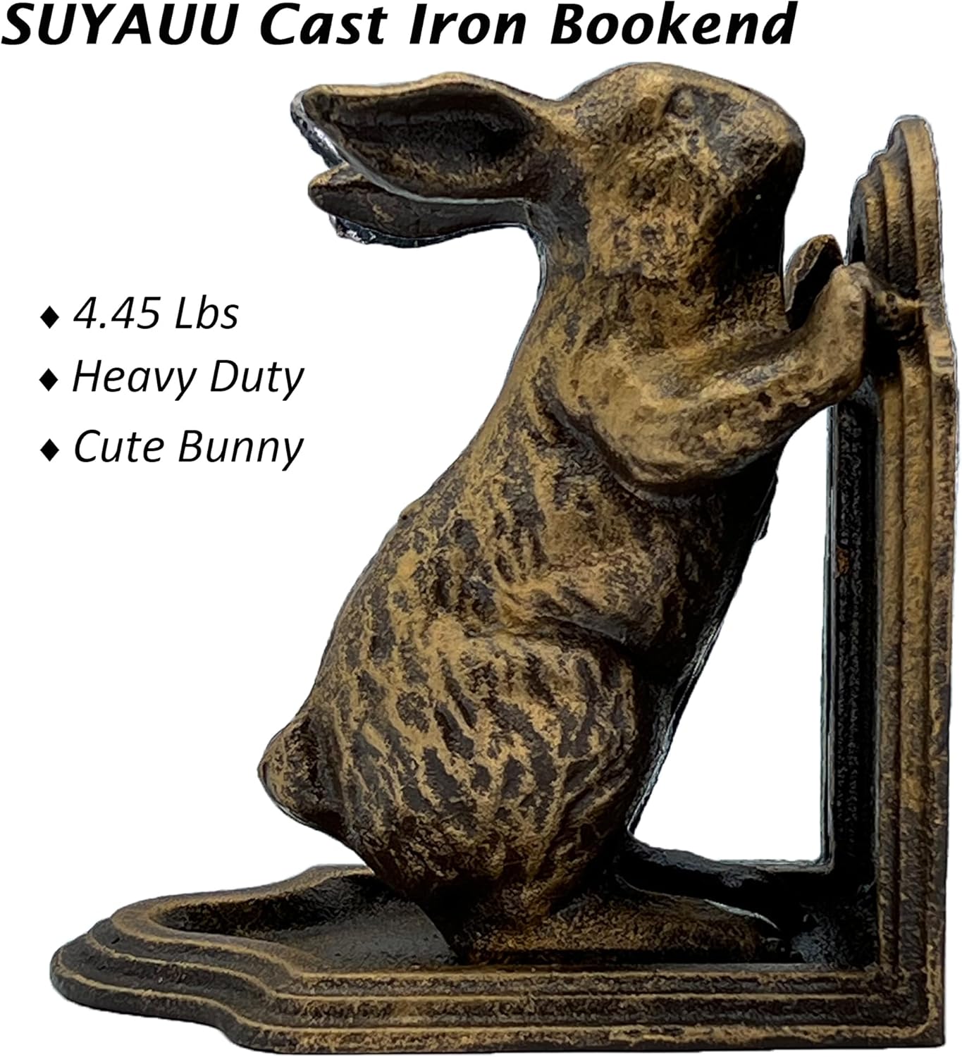 Decorative Bookends for Shelf, Cast Iron Cute Rabbit Bookshelf, Bunny Heavy Duty Book Stands Vintage Antique Shelf Decor for Reading Enthusiasts 2 Pcs, Gold