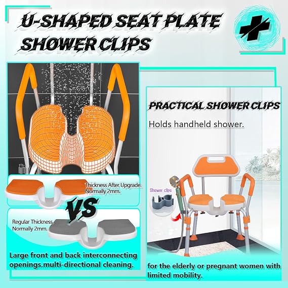 Folding Shower Chair for Elderly and Disabled, Widened Folding Shower Chair with Arms, Non-Slip Feet Shower Seat for Inside Shower, Support 330 Lbs,Orange,with Skid feet