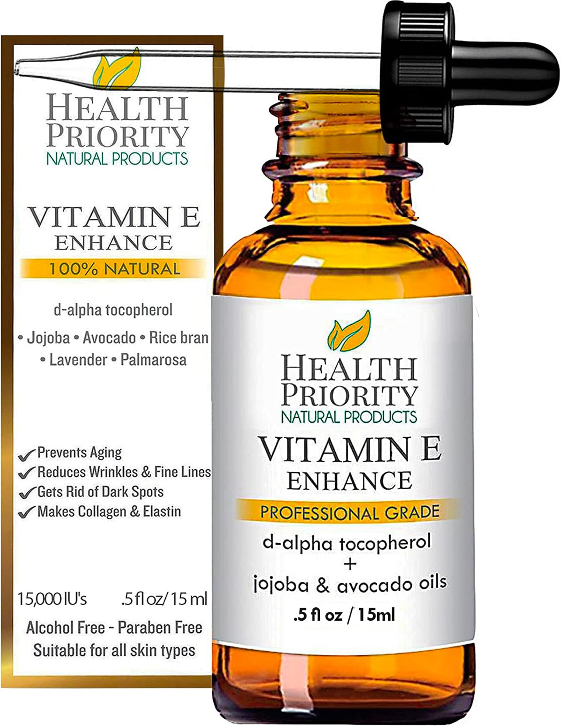 Health Priority Naturals|Vitamin E Oil - for Face/Hair - Organic, Handmade, Non-GMO, Gluten-Free, Vegan - For Scars, Wrinkles, Stretch Marks - Scented, 15,000 IU, 0.5 Fl Oz