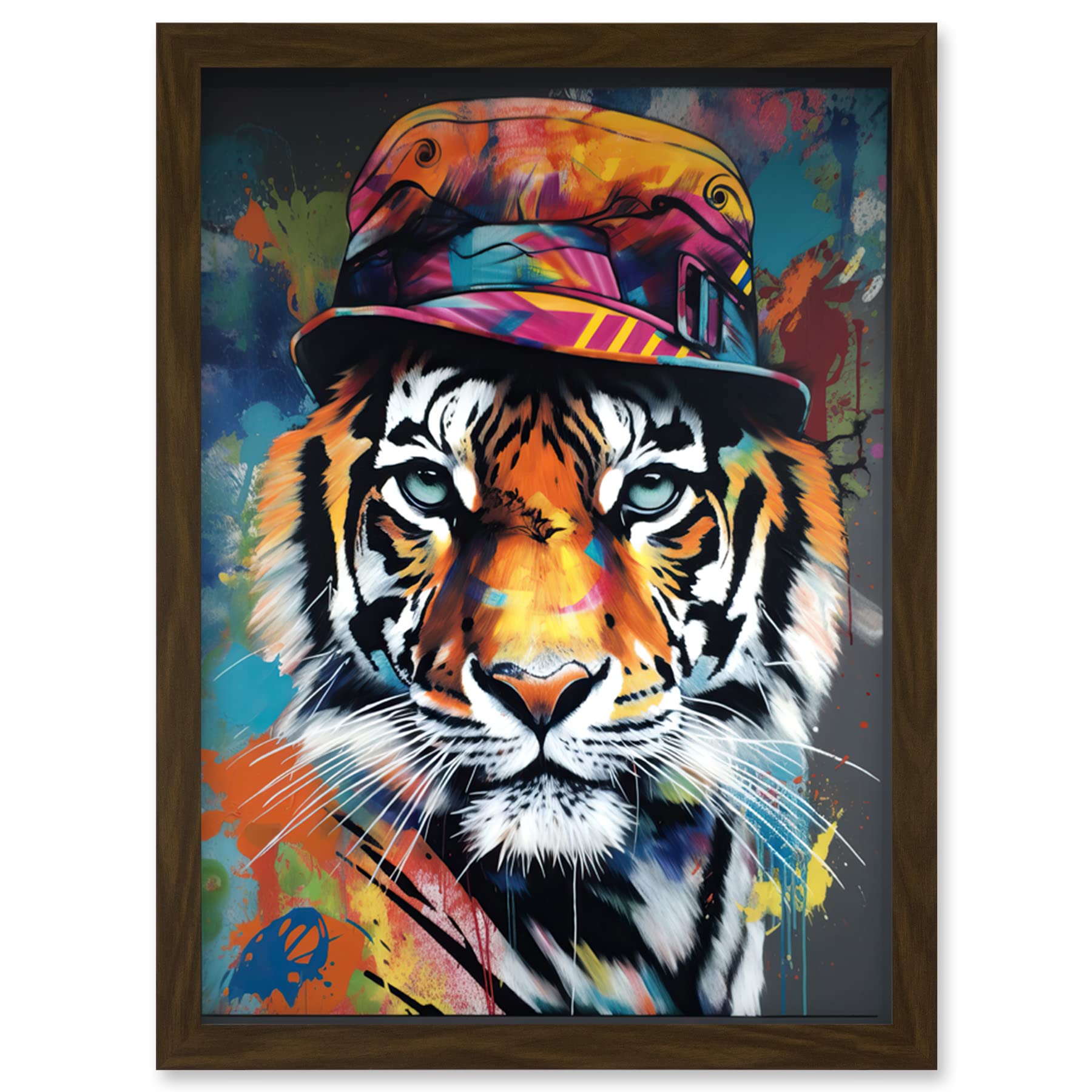 Artery8 Tiger Wearing a Bucket Hat Vibrant Multicoloured Artwork Framed Wall Art Print A4