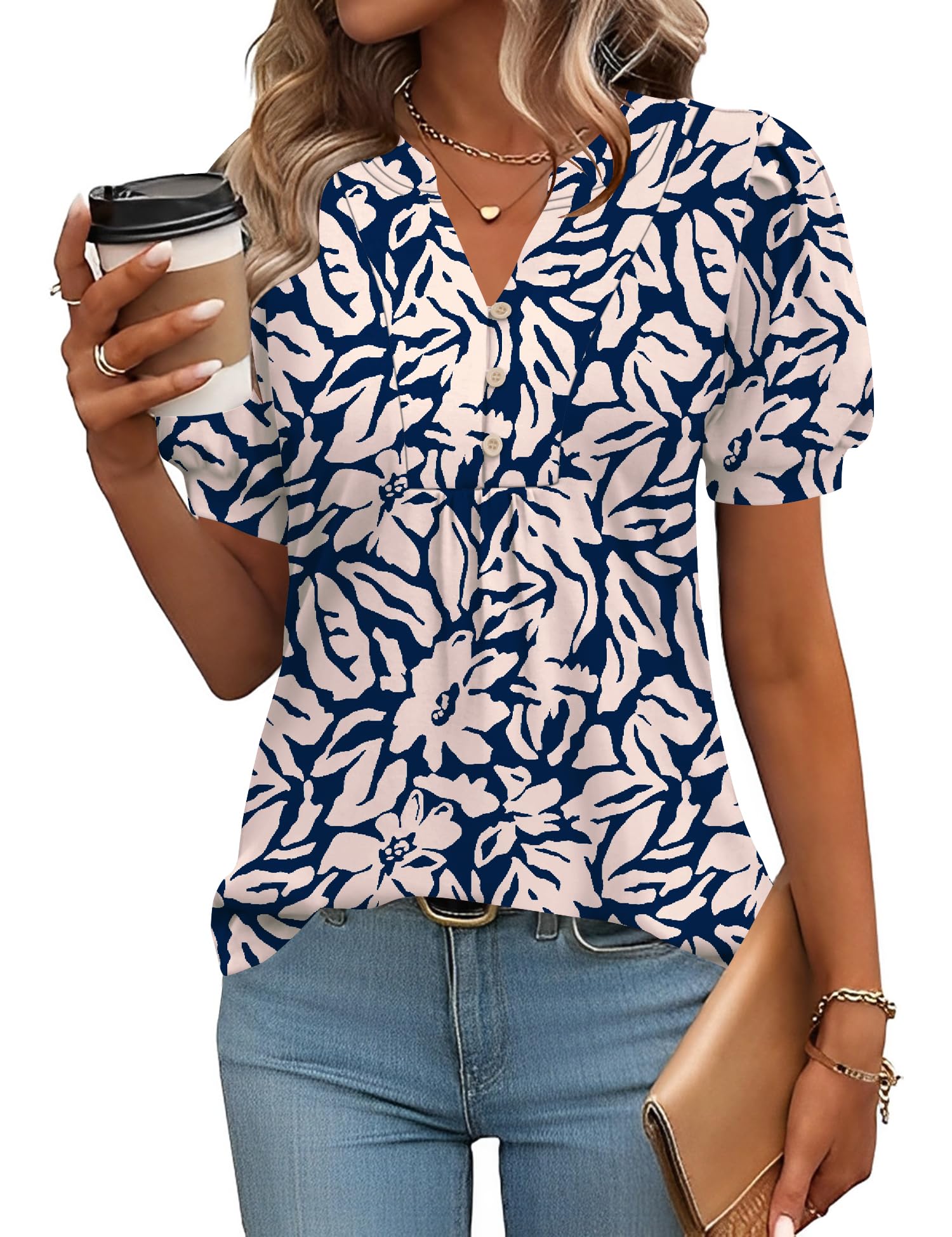 IECCP Womens Tops Puff Short Sleeve Shirts Dressy Casual Henley V-Neck Summer Tops Pleated T-Shirts Loose Fit Tunic Blouses