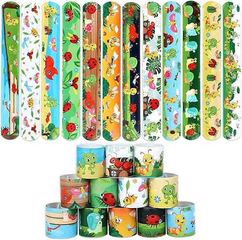 Serencatcher 48 pulseras de bofetada de insectos, pulseras con mariquita, oruga, mariposas, caracoles a presión para decoración de fiesta de