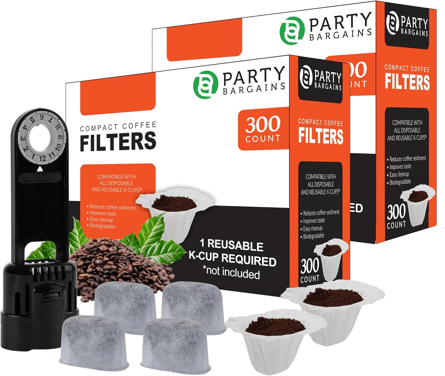 Party Bargains 600 White Compact Coffee Filters with 6 Charcoal Water Filter Pods & Black Holder (1.0-Style Fit)