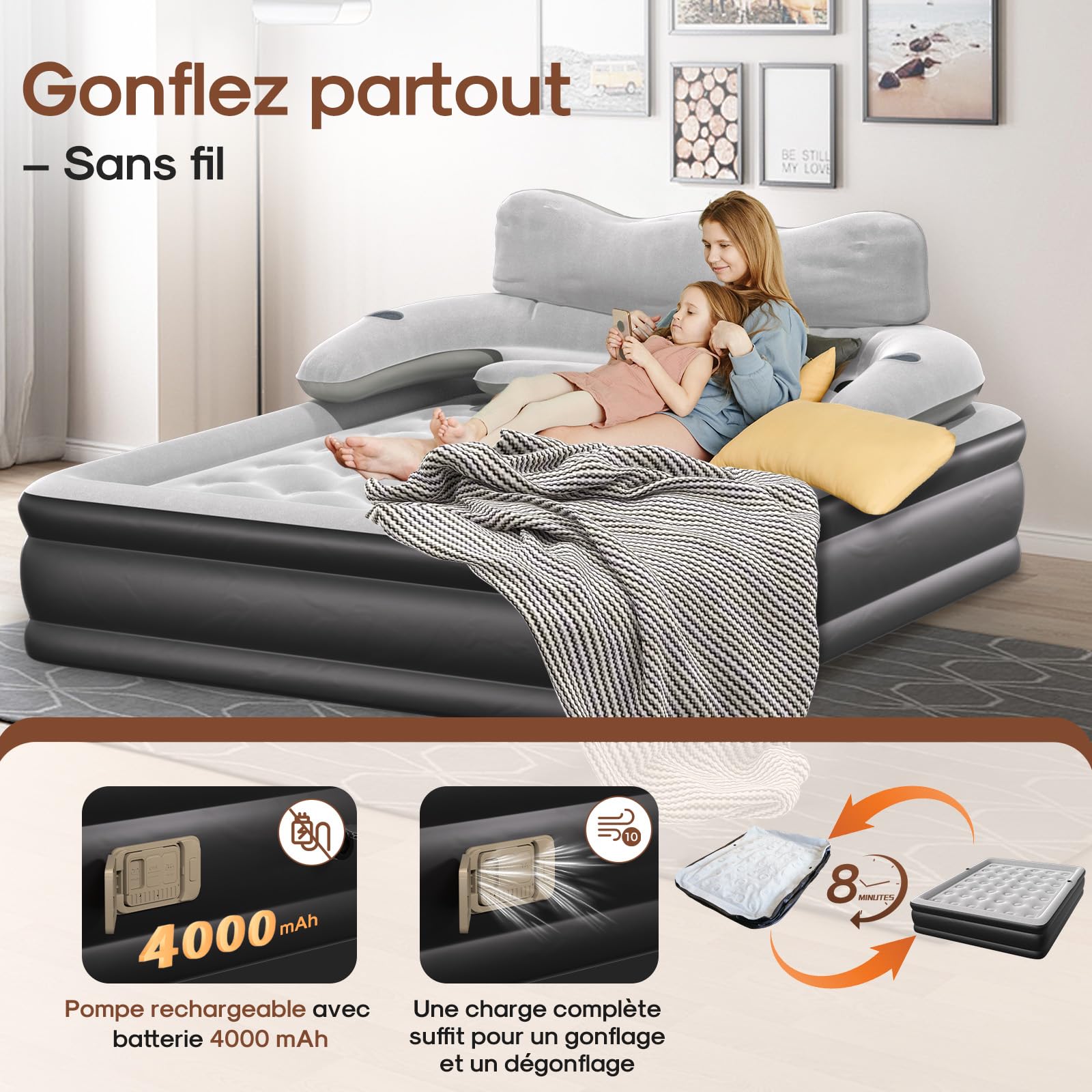 ICEPURE Matelas Gonflable 2 Personnes, 150x200x46CM,Dossier Amovible, 300 kg, Matelas Autogonflant 2 Personnes de 4000mAh et éclairage, adapté à la Peau, Robuste et Portable.