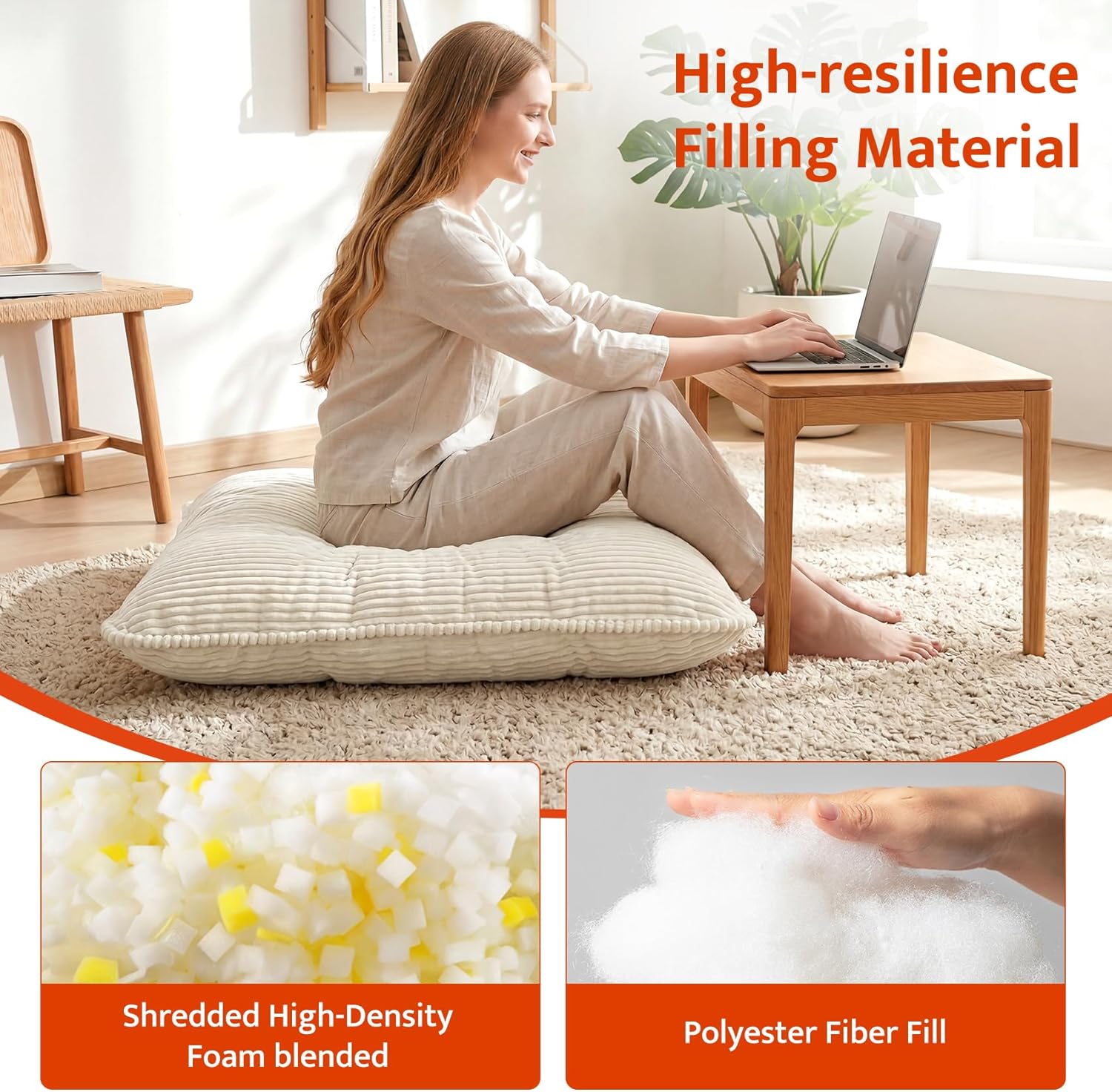 Floor Cushions for Adults, Meditation Cushion Floor Pillow for Sitting, Extra Large Square Floor Cushion 35.4", Tufted Corduroy Removable Washable Cover, Tatami Yoga Living Room Fireplace, Beige