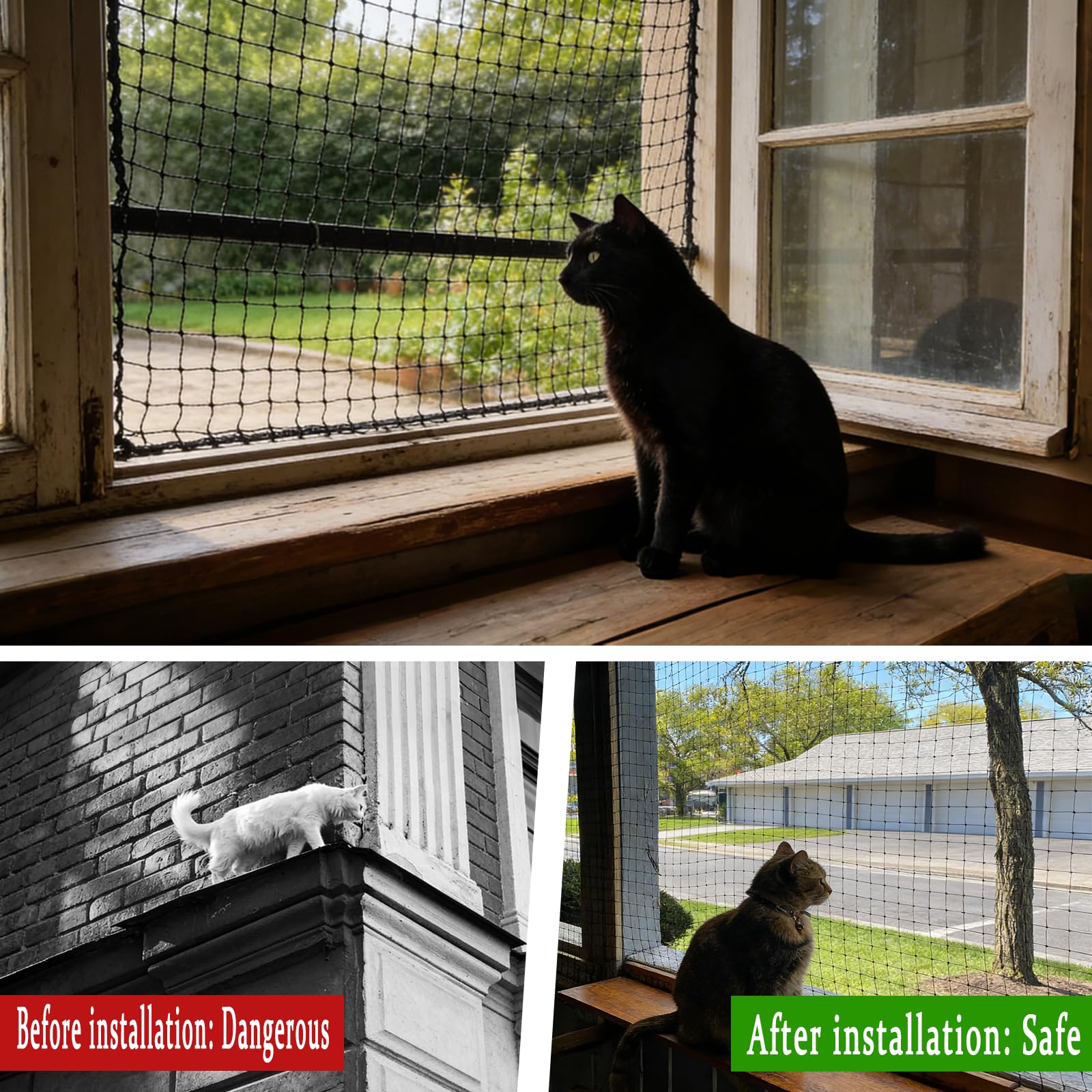 Katzennetz für Balkon, 8x3m Katzenschutznetz Schwarz mit Befestigungsseil und Zubehör, Balkonnetz für Katzen Katzenschutznetz für Escaliers, Fenêtres, Terrasses