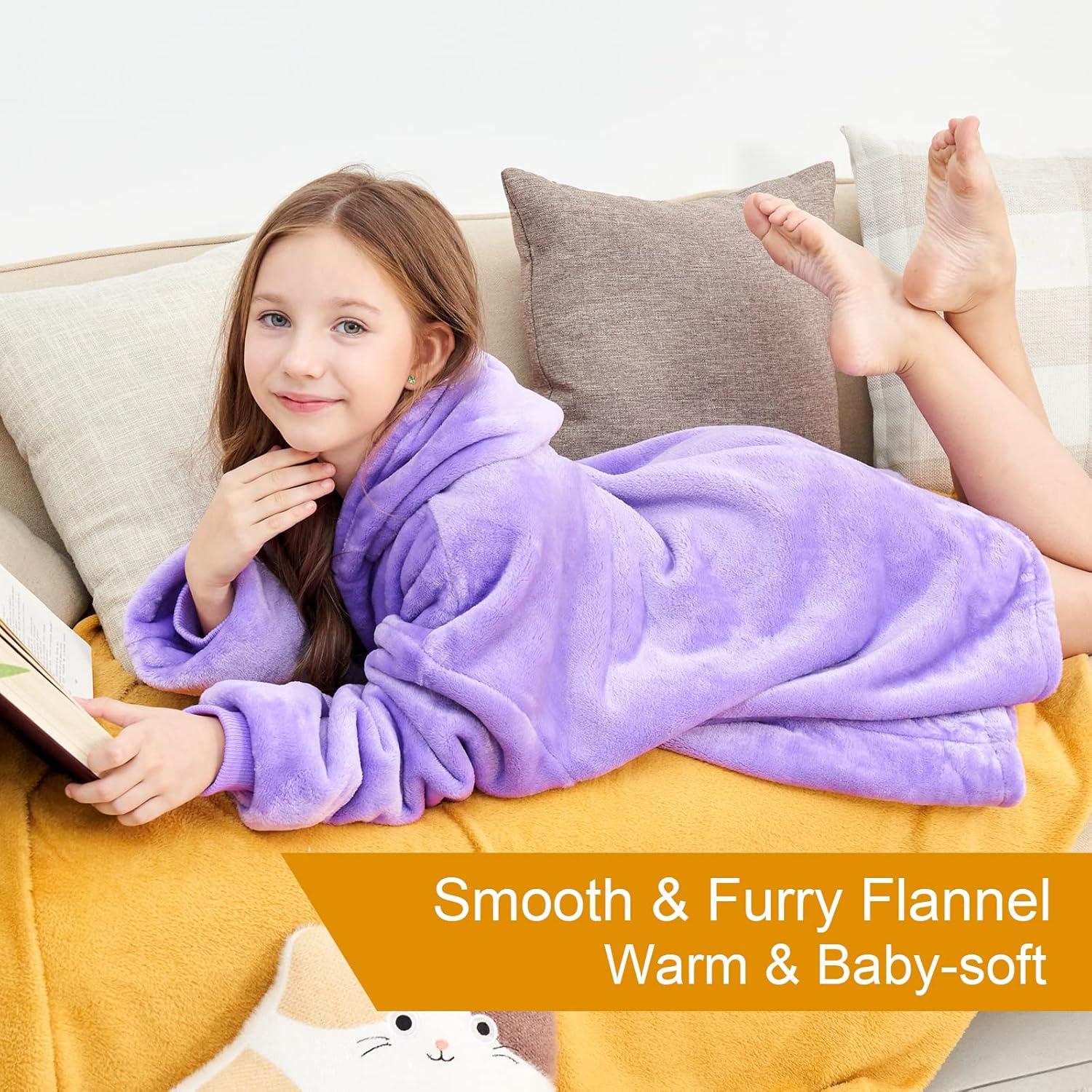 Aemicion Wearable Blanket Hoodie for Kids Super Soft Warm Oversized Hooded Blanket Sweatshirt Hoodie Blanket for Boys Girls (Light Purple) - Image 4