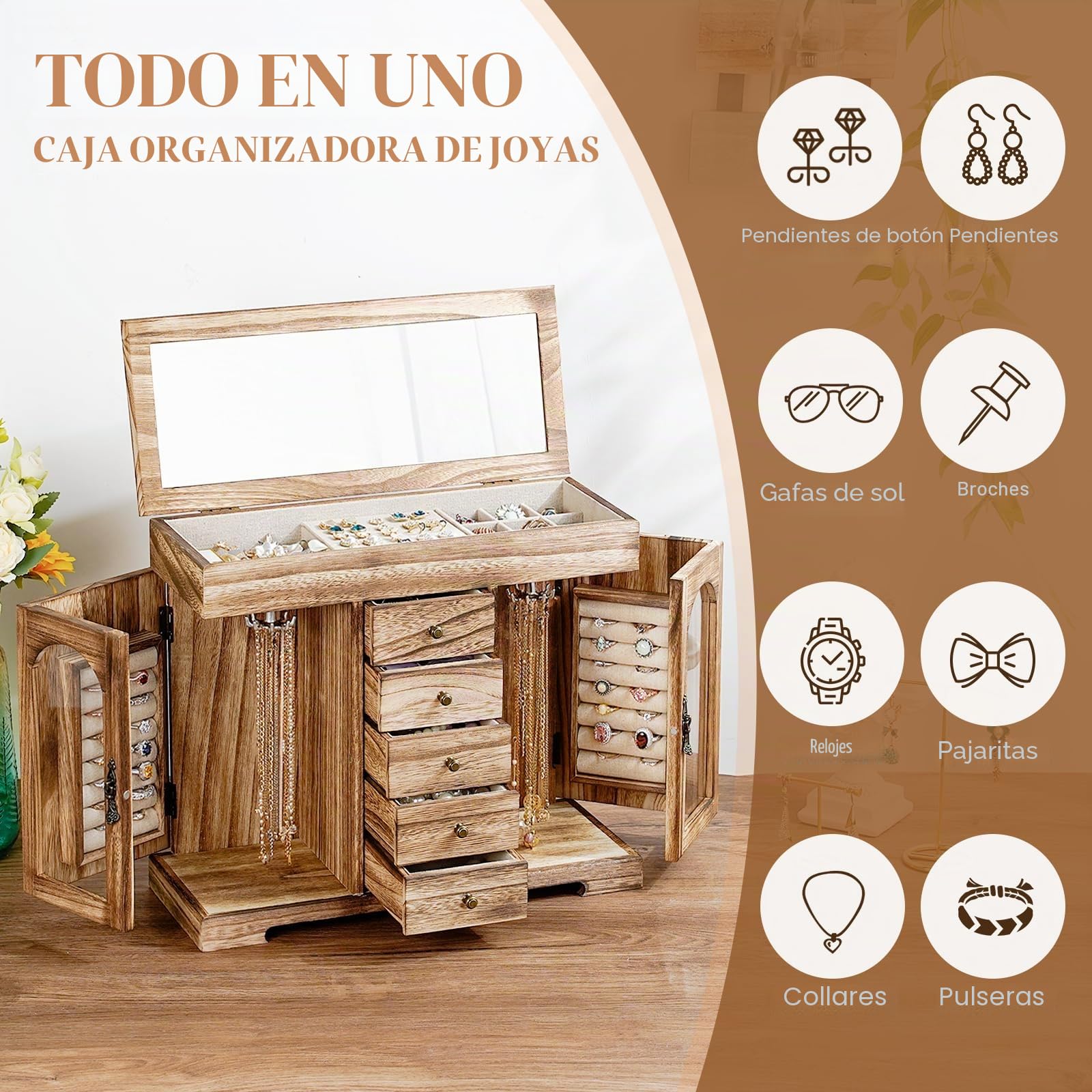 Joyero de mujer, 6 capas, joyero grande de madera rústica con espejo, organizador de joyas de dormitorio para collares, pendientes, anillos, pulseras (marrón rústico)
