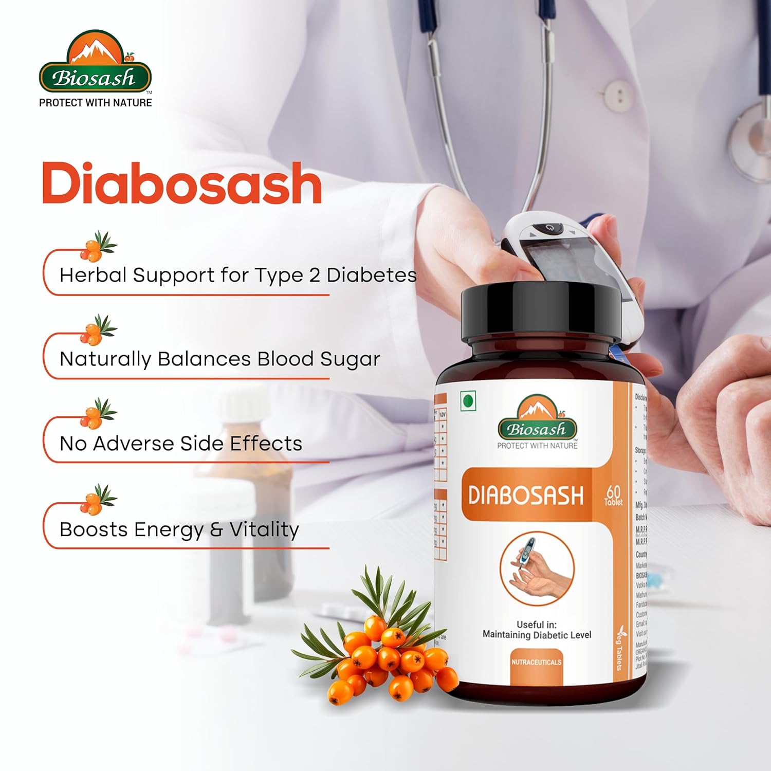 Biosash Diabosash Diabetes Care Capsules for Blood Sugar Control | Ayurvedic Herbal Formula to Support Glucose Metabolism & Natural Insulin Production | Reduces Weakness & Fatigue | 60 Capsules