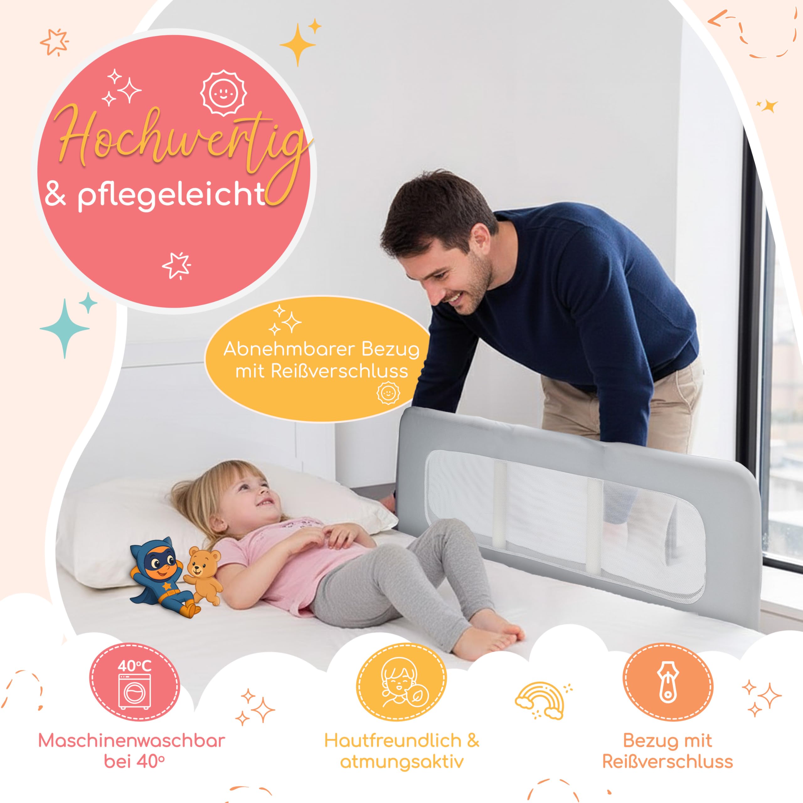 zoula kidz® faltbares Bettgitter als Rausfallschutz Bett Reise - Klappbar & Höhenverstellbar - Bettschutzgitter für Boxspringbett, Elternbett, Kinderbett - Mit Tasche & Gurt - ultrakompaktes Packmaß