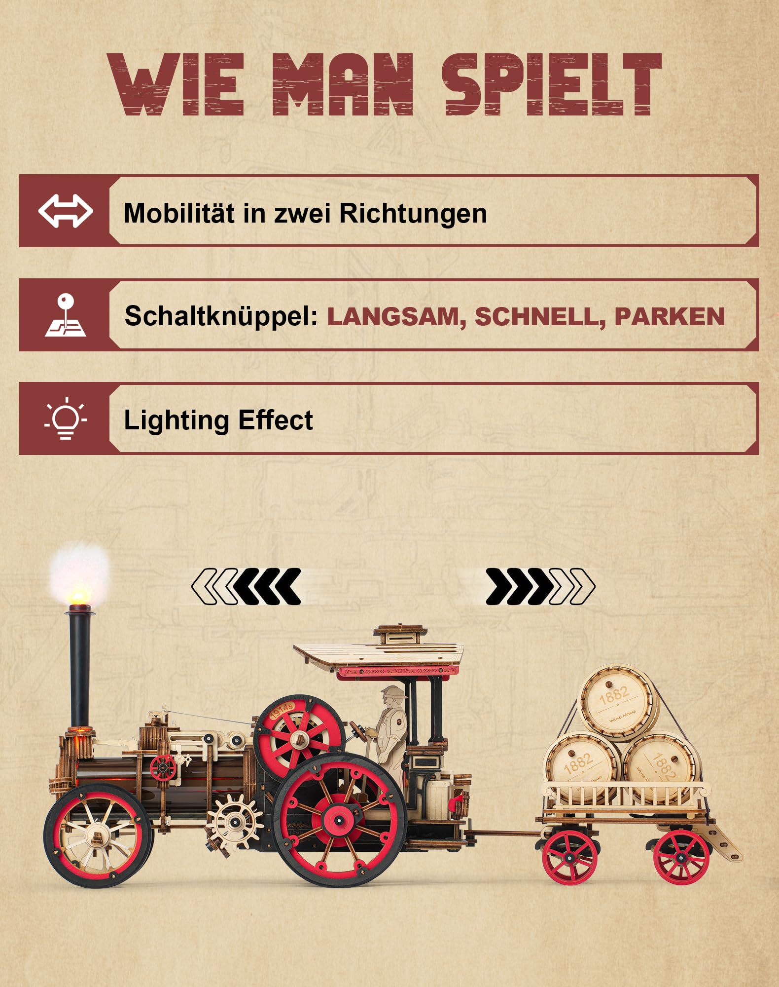 ROBOTIME Dampfmaschine Holzmodell mit 3-Gang-Antrieb & LED, LKA01 | 469 Teile, Vorwärts/Rückwärtsfahrt, Keine Schienen nötig, Abnehmbarer 4-Rad-Anhänger