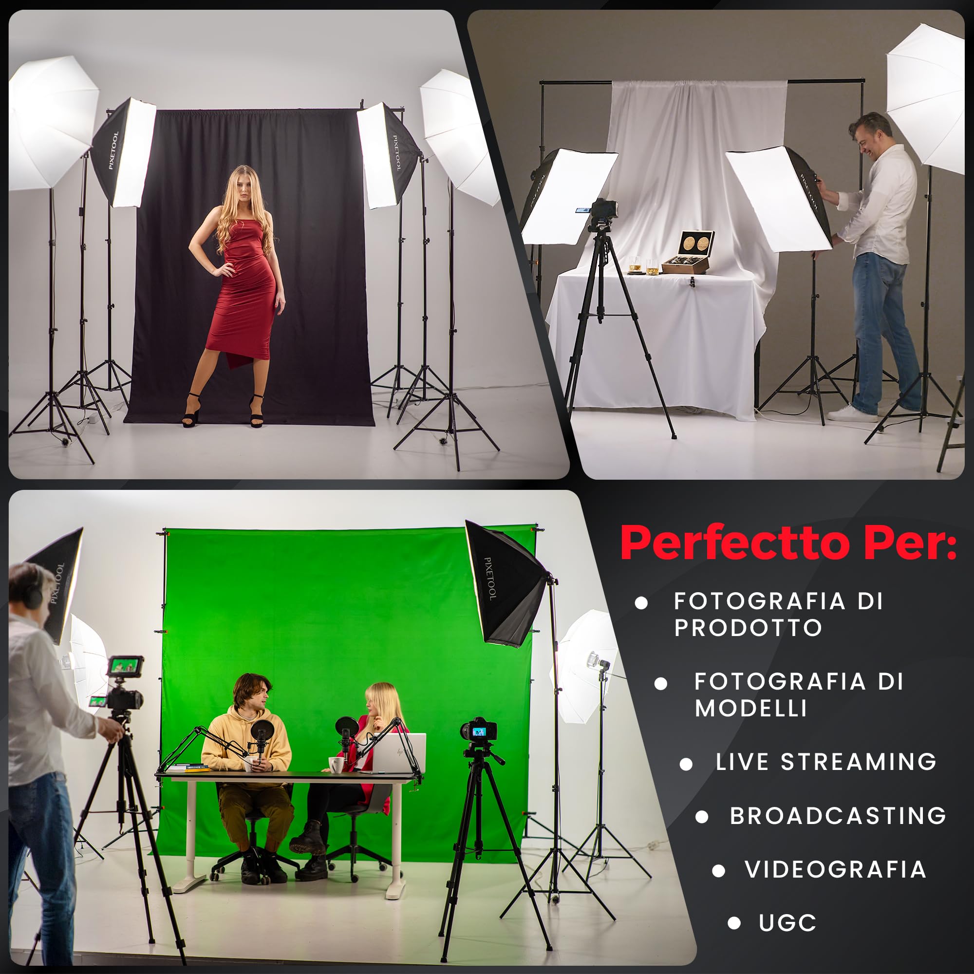 Set Studio Fotografico - Softbox - Green Screen Con Supporto (3m x 3m) - Fondale fotografica - Godox – Lampada - Sfondo - Luce Fotografiche Per Video Foto - Fotografia Streaming Giochi Gaming