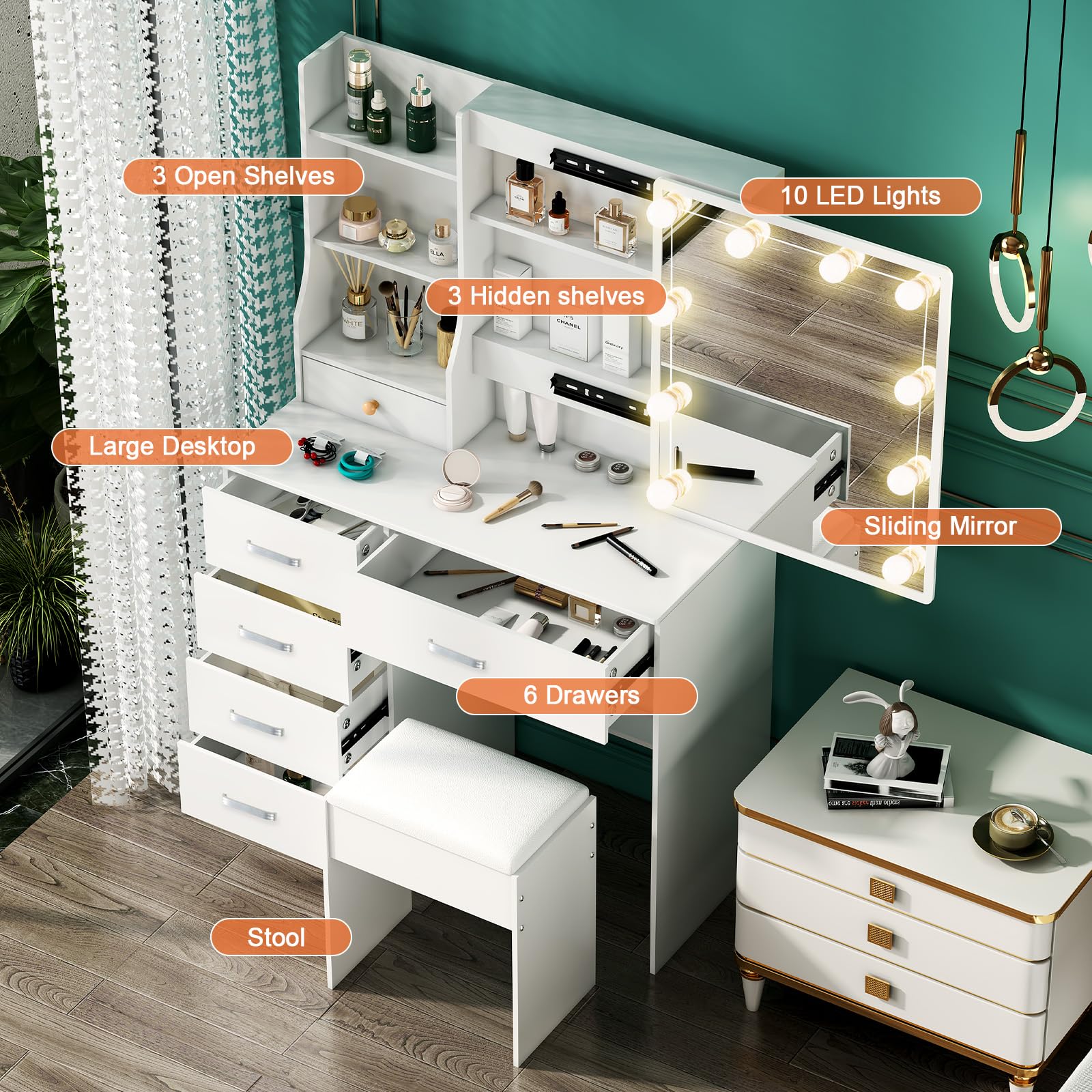 Toeletta con Specchio Illuminato e Sgabello, Luci LED Regolabili, Tavolo Trucco con 6 Cassetti, 6 Ripiani, Guida Video, Bianco 36×80×131 cm H07818