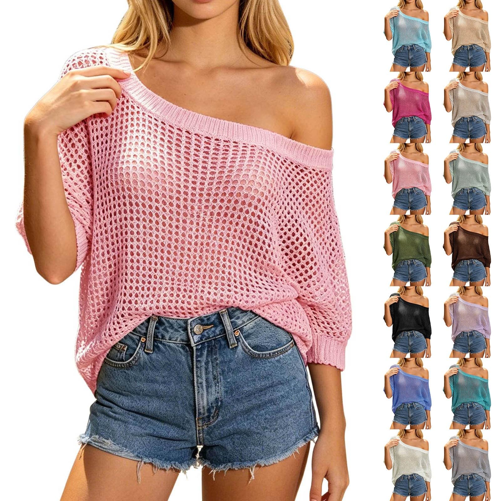 Maglione da donna all'uncinetto con spalle scoperte, oversize, in rete, da spiaggia, per festival, streetwear, vacanze estive