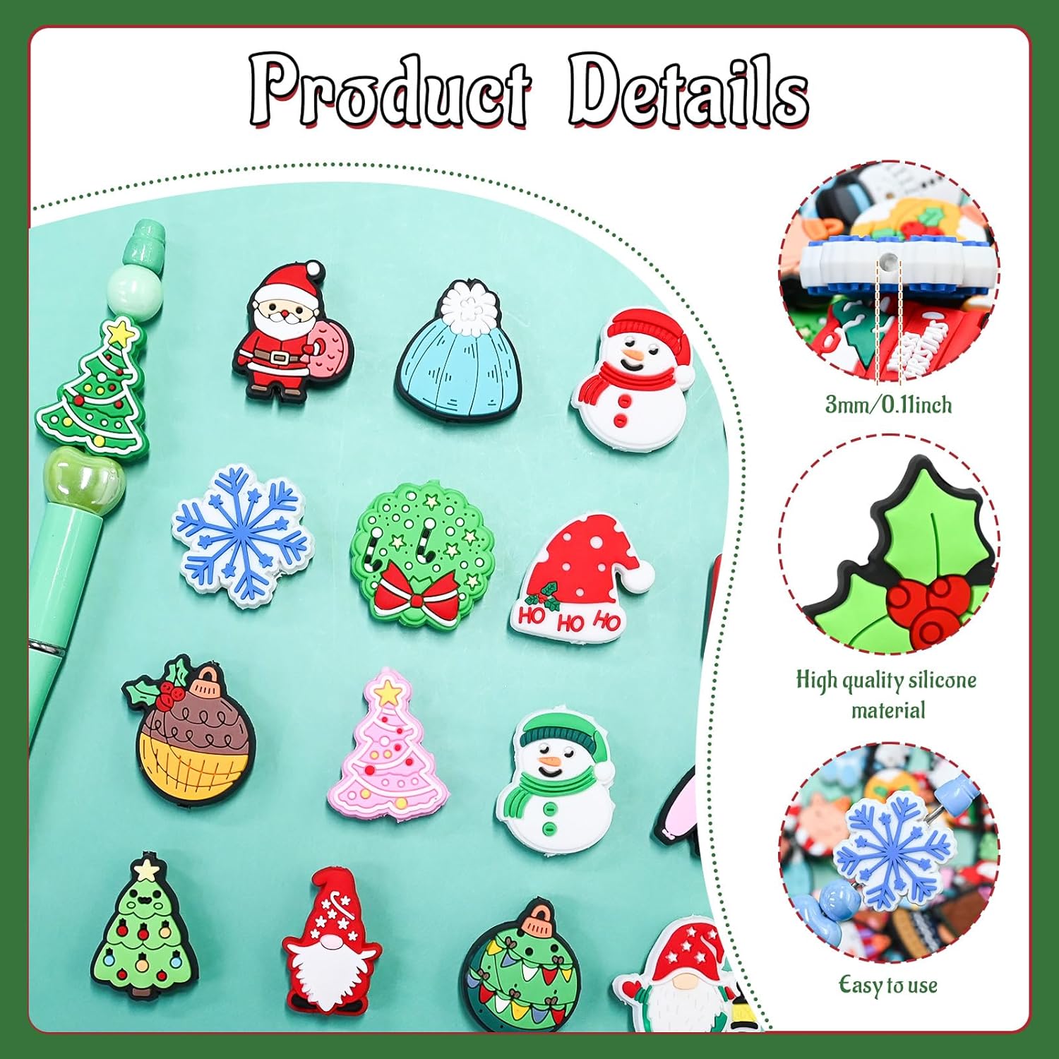 50PCS Christmas Focal Beads for pens, Silicone Focal Beads Bulk for Bead Pens Keychain Jewelry Making Bracelet Lanyard Making Kit
