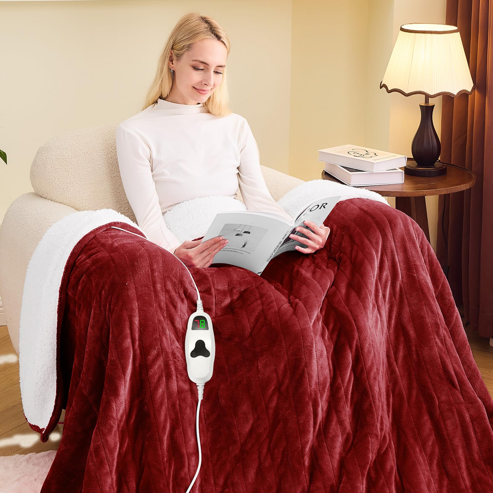 greenoak Heated Blanket Electric Twin 62"X84", Heating Blanket with 10 Levels 1/2/4/6/8 Hours Auto-Off Overheat Protection, Flannel Sherpa Soft Warm Heater, ETL Certified Red