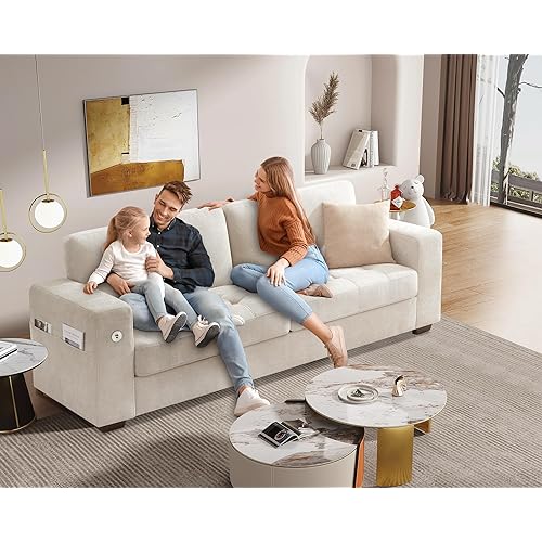 89 Inch Sofa Couch, Modern 3 Seater Couch with Removable Covers and USB Ports, Large Chenille Comfy Sofa for Living Room, Oversized Loveseat Sofa for Apartment (Beige)