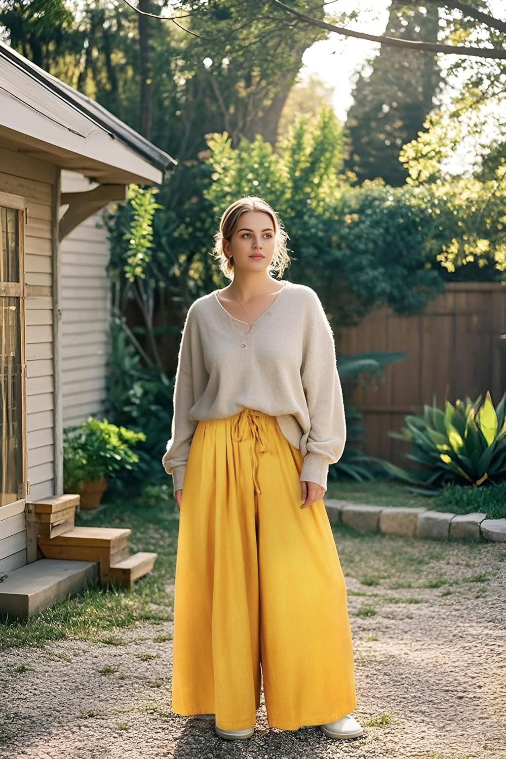 Women's Wide Leg Baggy Jeans Plus Size Loose Elastic Waist Denim Pants with Deep Pockets Light Blue - Image 3