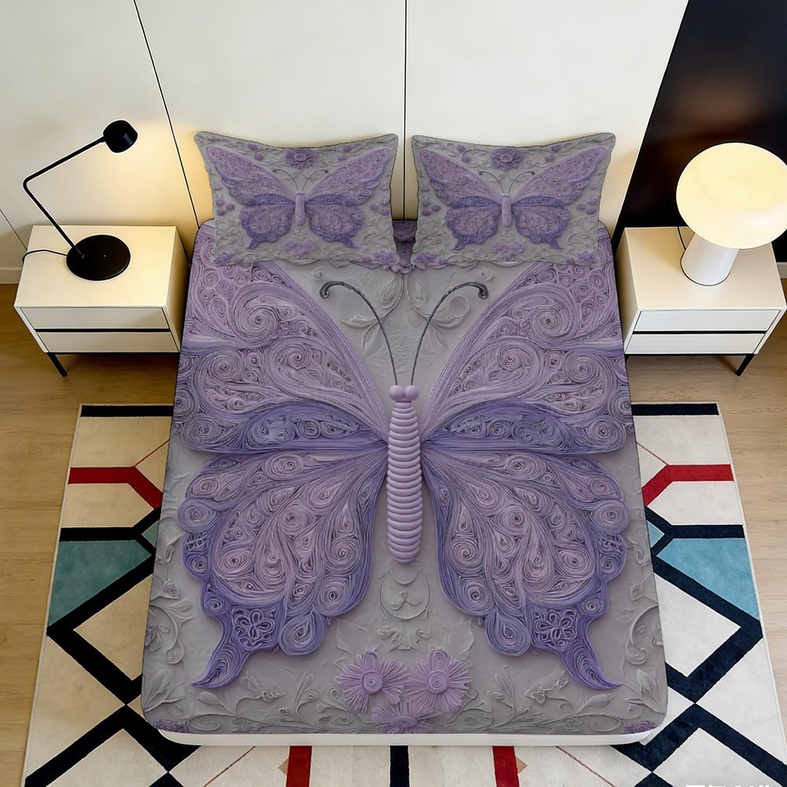 3D Printed Purple Butterfly Fitted Sheet Microfiber Soft Breathable 3D Printed Floral Bed Cover for Bedroom Dormitory Guest Room Mattress Protection 90x200x25cm