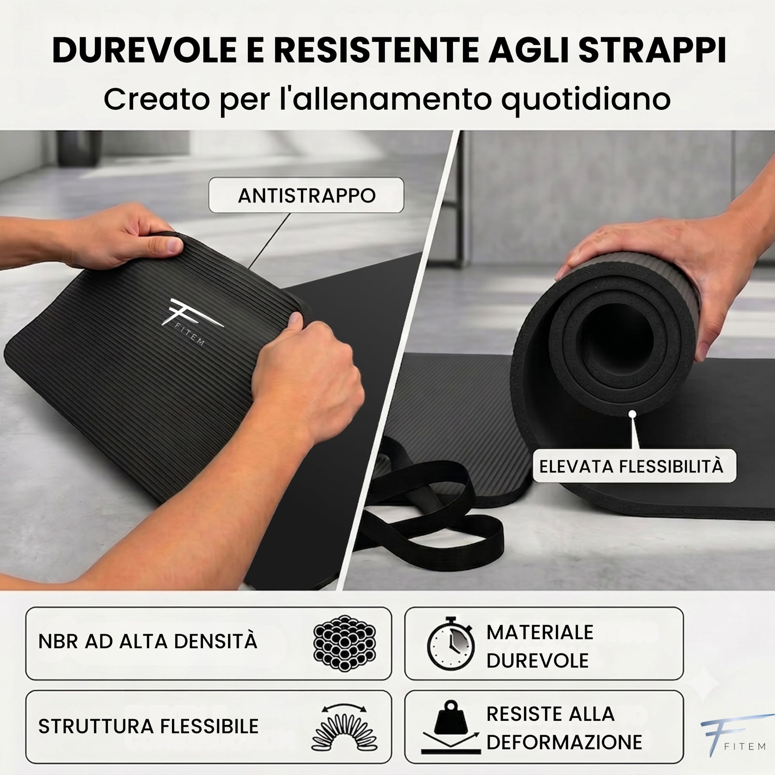 Tappetino Fitem Ultra-spesso in Comoda Schiuma ad Alta Densità NBR-183x60x1,5 cm o 1 cm-ideale per Ginnastica-Yoga-Sport-Palestra-Fitness-Pilates-Body building-Include Cinghia di Trasporto