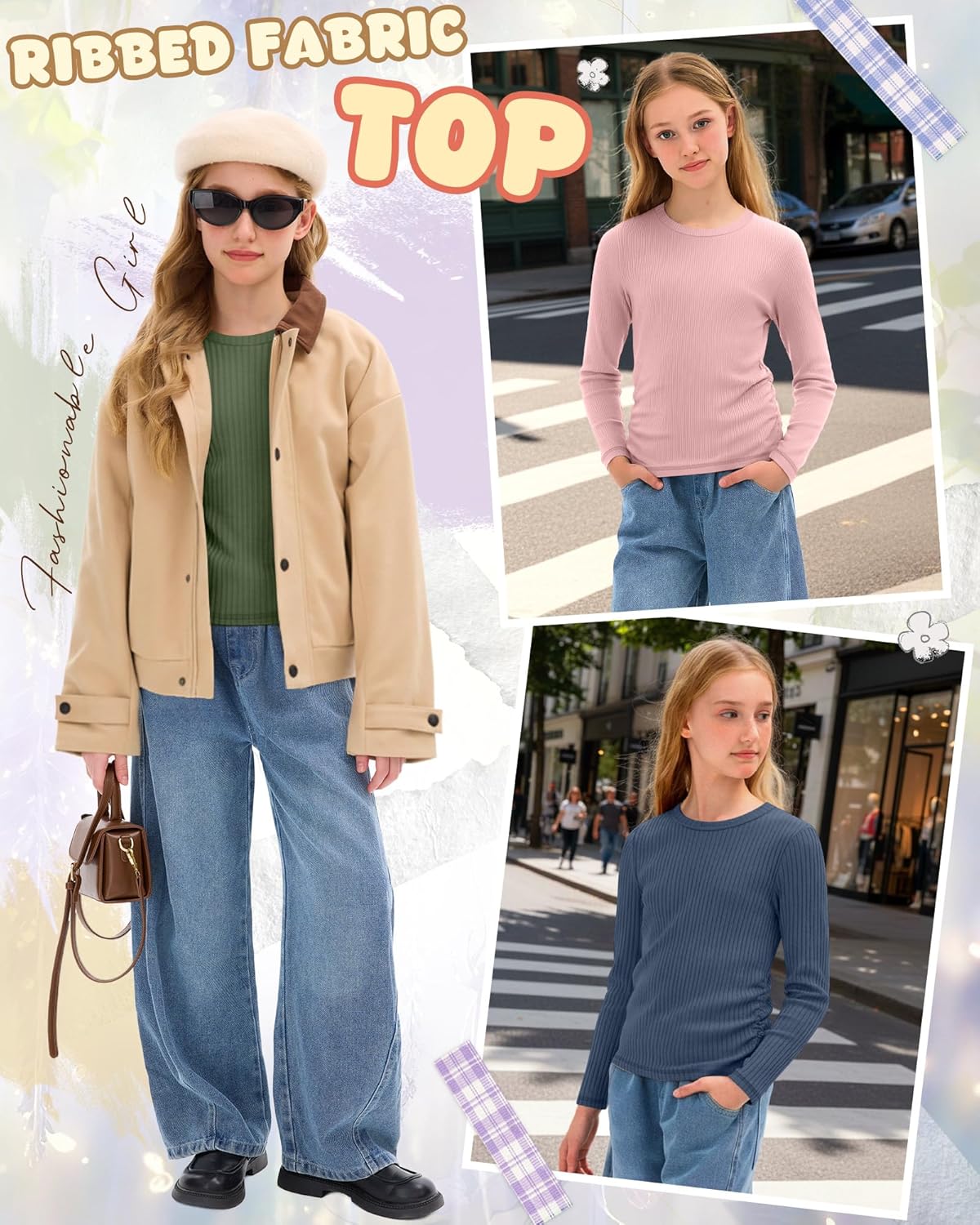 3 Pack Girls Long Sleeve Shirts Cotton Ribbed Knit Ruched Layer Tops Slim Fit Casual Undershirts Crewneck Tees - Image 6