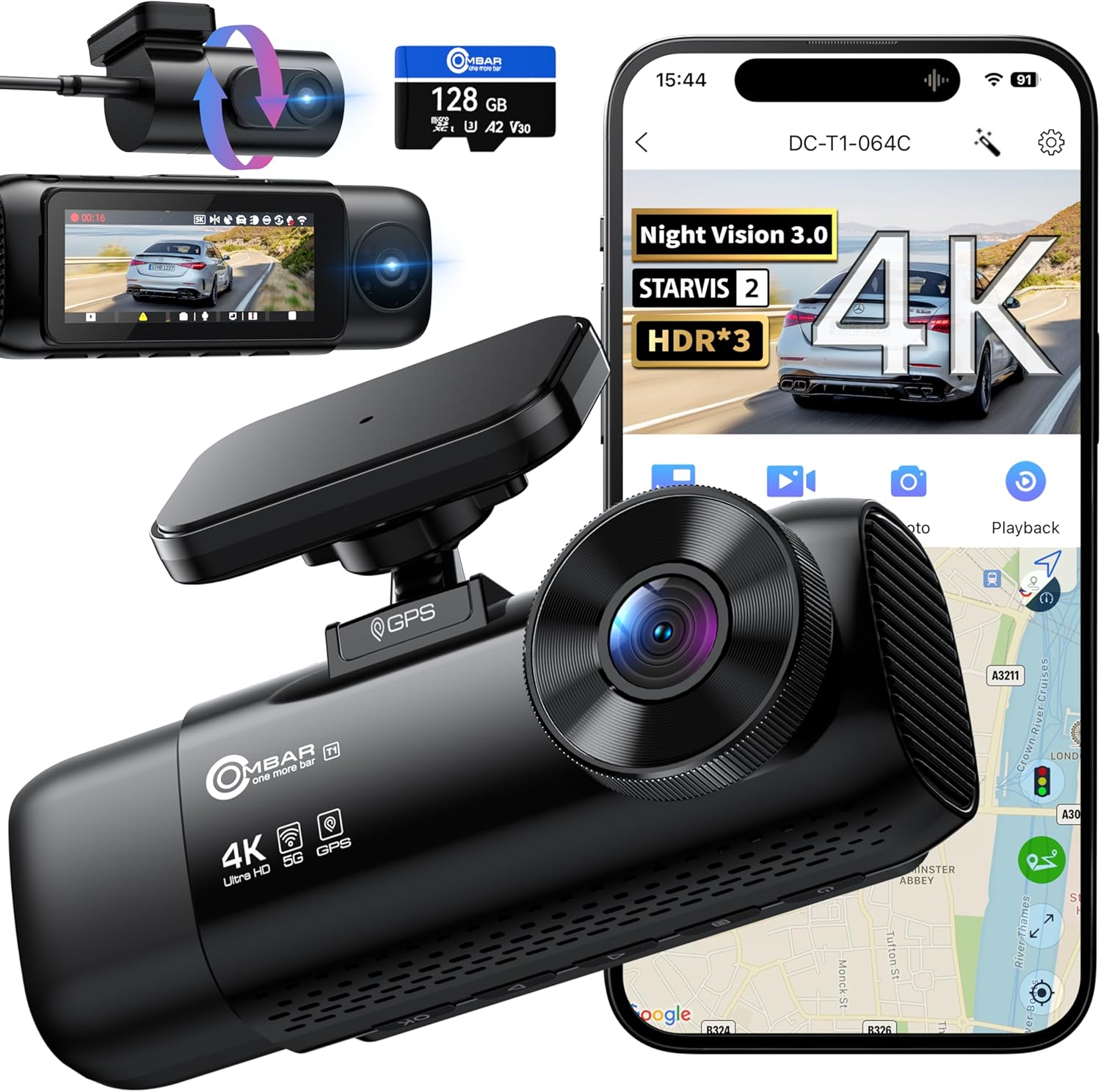 OMBAR T1 4K 3 Channel Dash Cam, STARVIS 2 IMX678 Sensors, Free 128GB Card, 2025 New Full Color HDR Night Vision, 4K+1080P+1080P Triple Car Camera,5G WiFi, 24H Parking Mode, Support 512GB Max