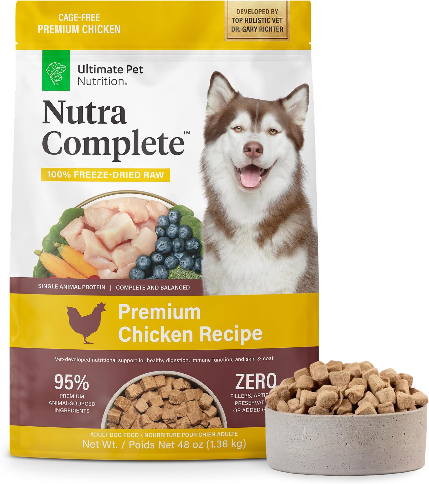 ULTIMATE PET NUTRITION Nutra Complete Freeze Dried Raw Dog Food, Veterinarian Formulated with Antioxidants, Prebiotics & Amino Acids (3 Pound, Chicken)